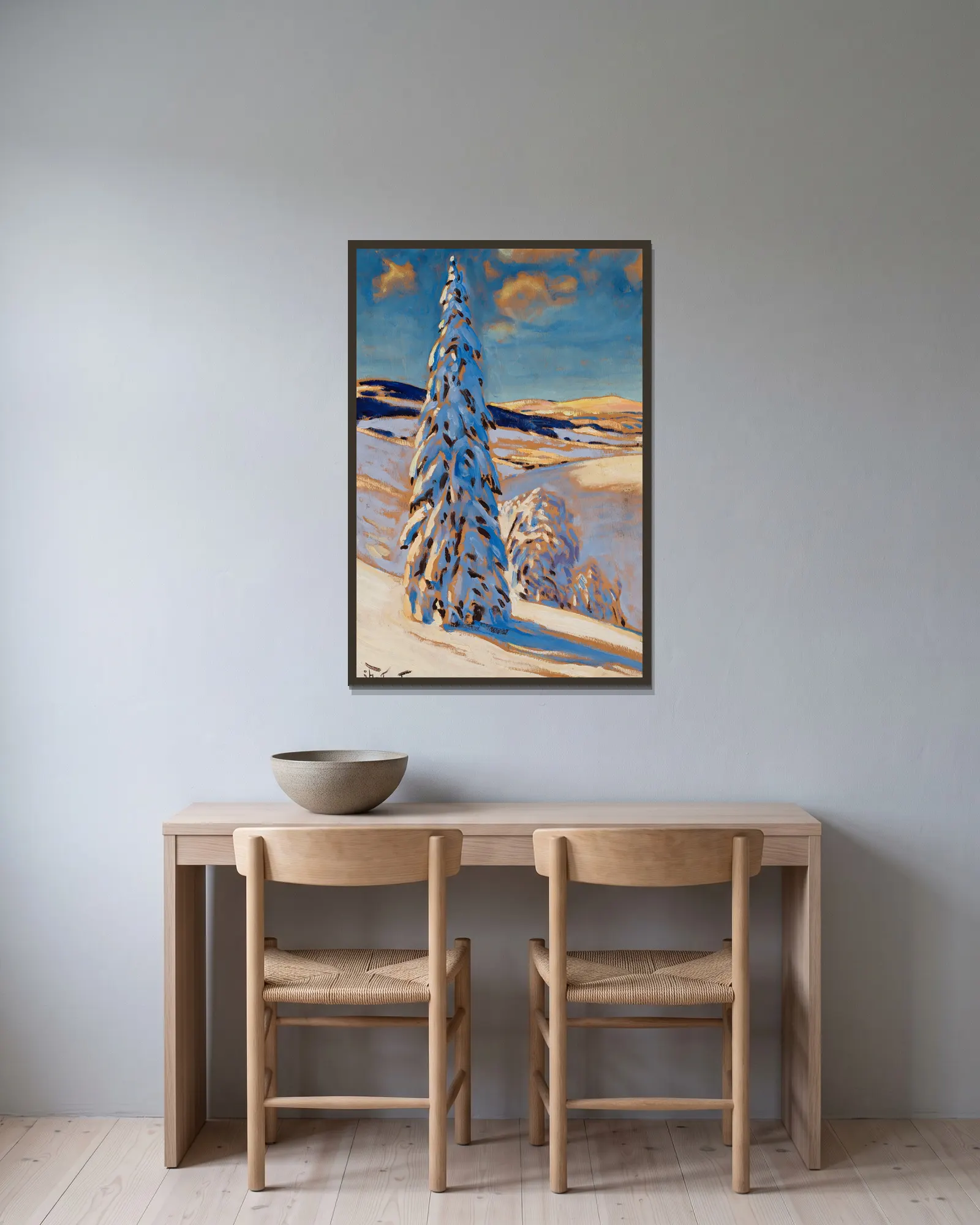 Winter landscape av Julian Falat inramad på en vägg