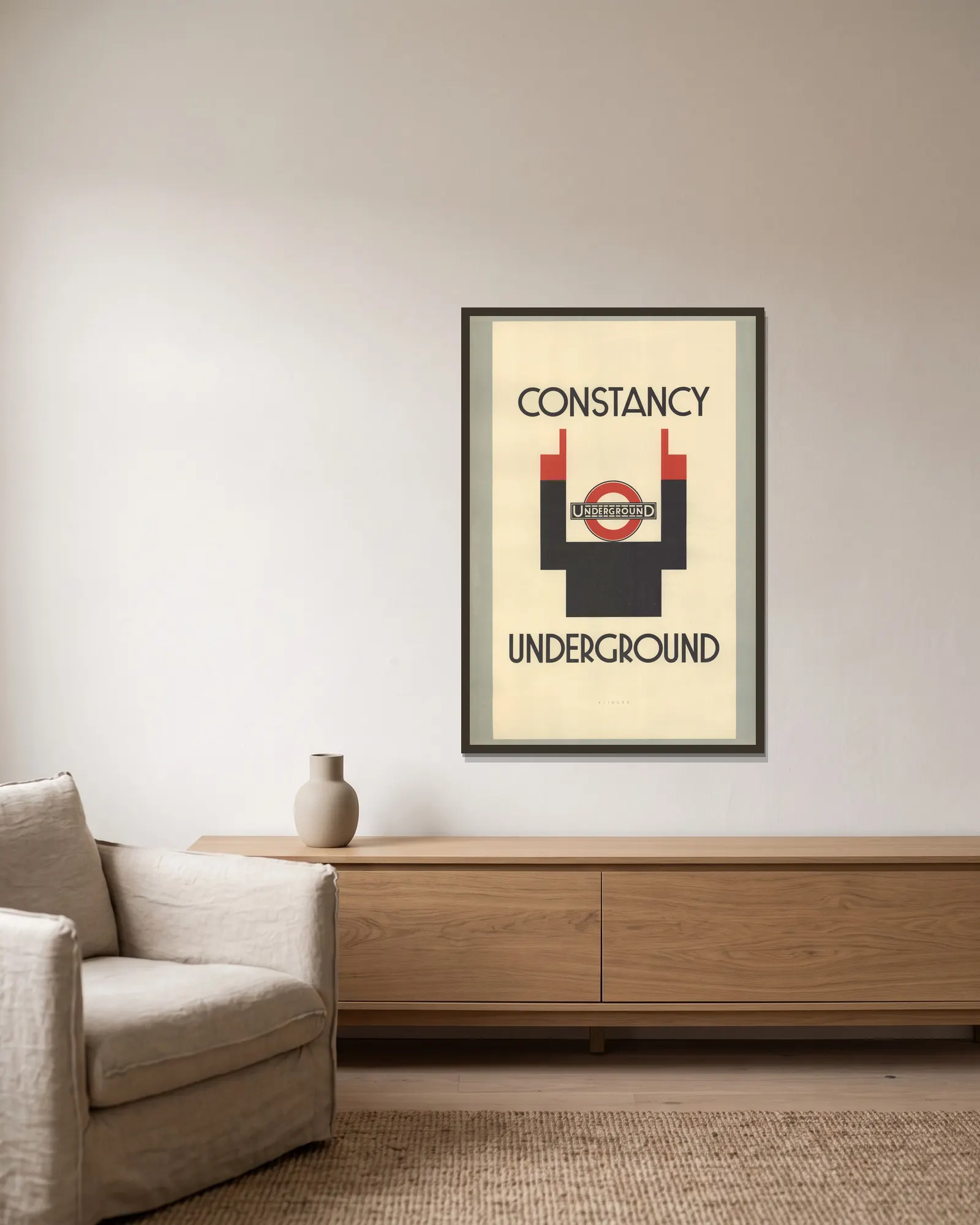 Constancy – London Underground av Julius Klinger inramad på en vägg