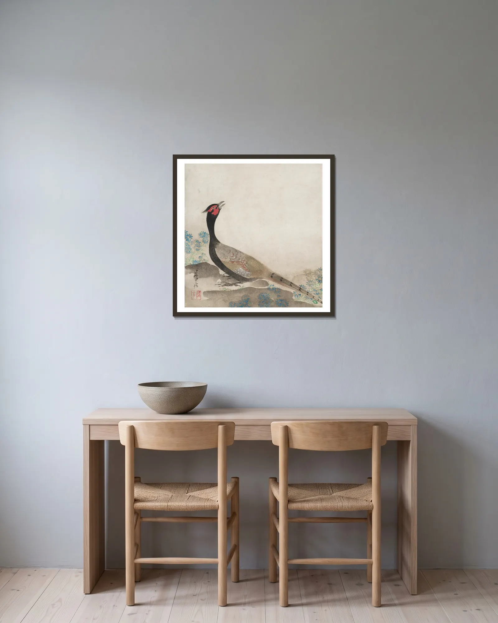 Pheasant av Ogata Kōrin inramad på en vägg