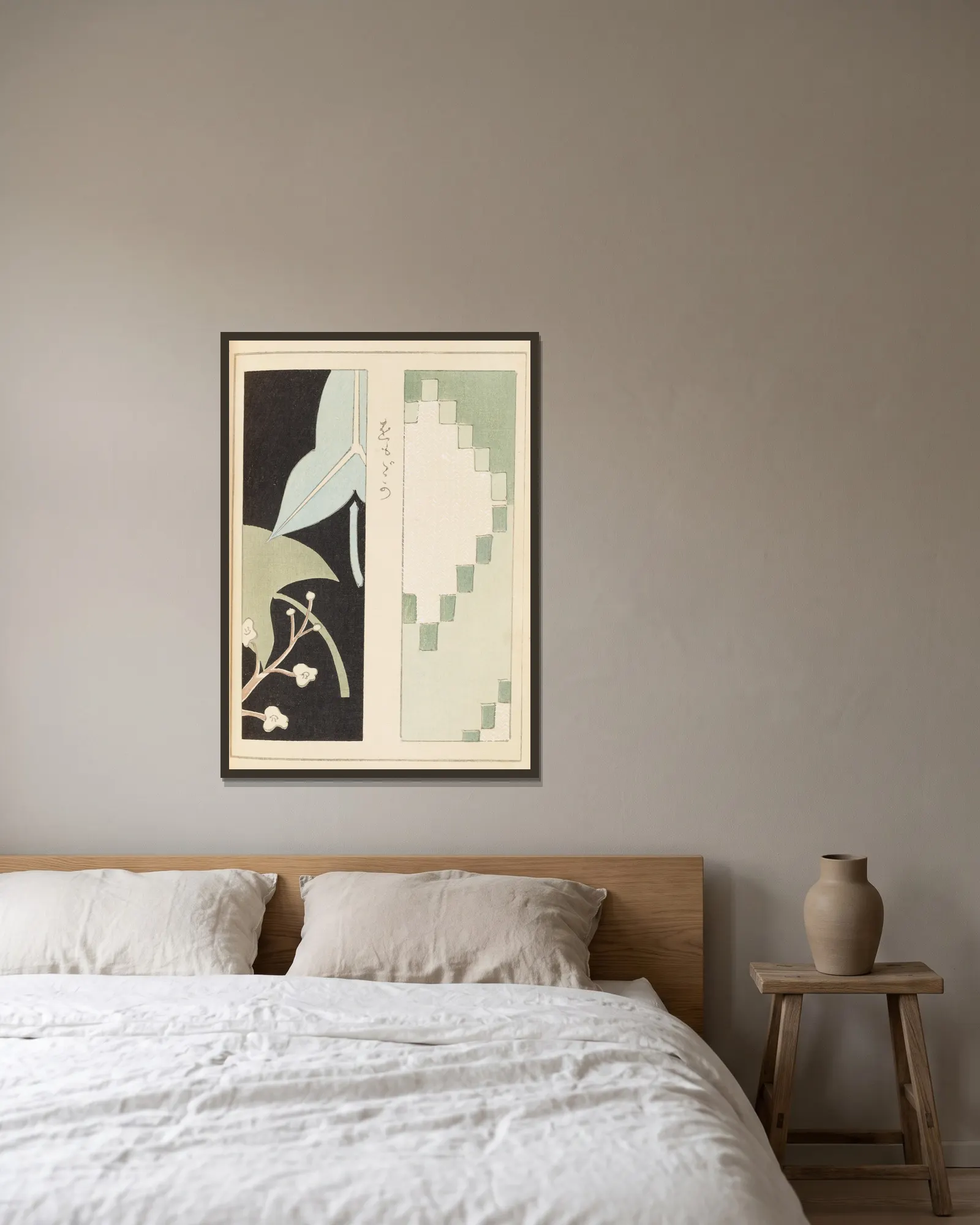 Shin-Bijutsukai Pl.444 av Furuya Kōrin inramad på en vägg