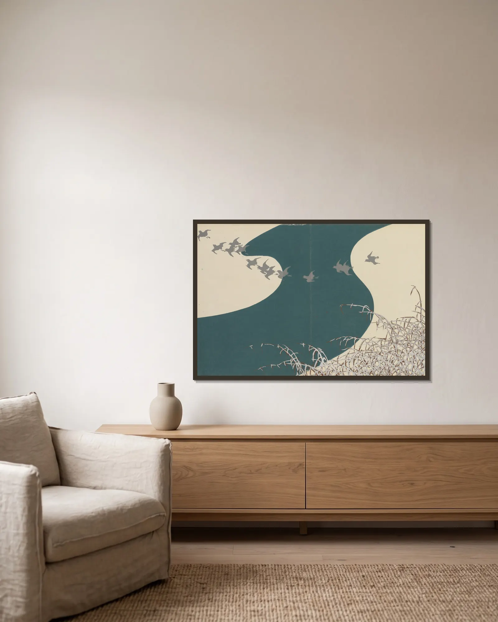 River in Winter (Fuyu no kawa) av Kamisaka Sekka inramad på en vägg