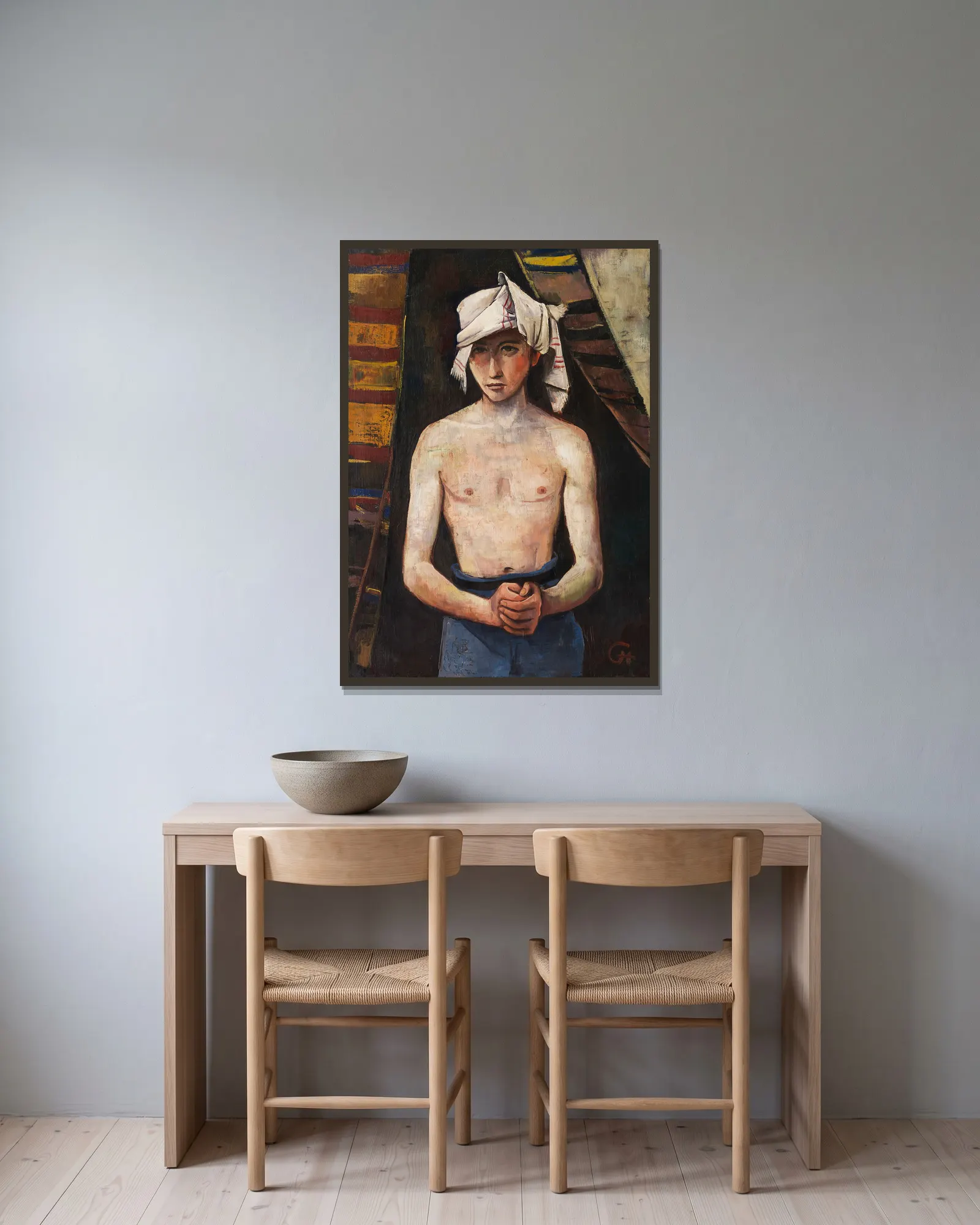 Young man with headscarf av Karl Hofer inramad på en vägg