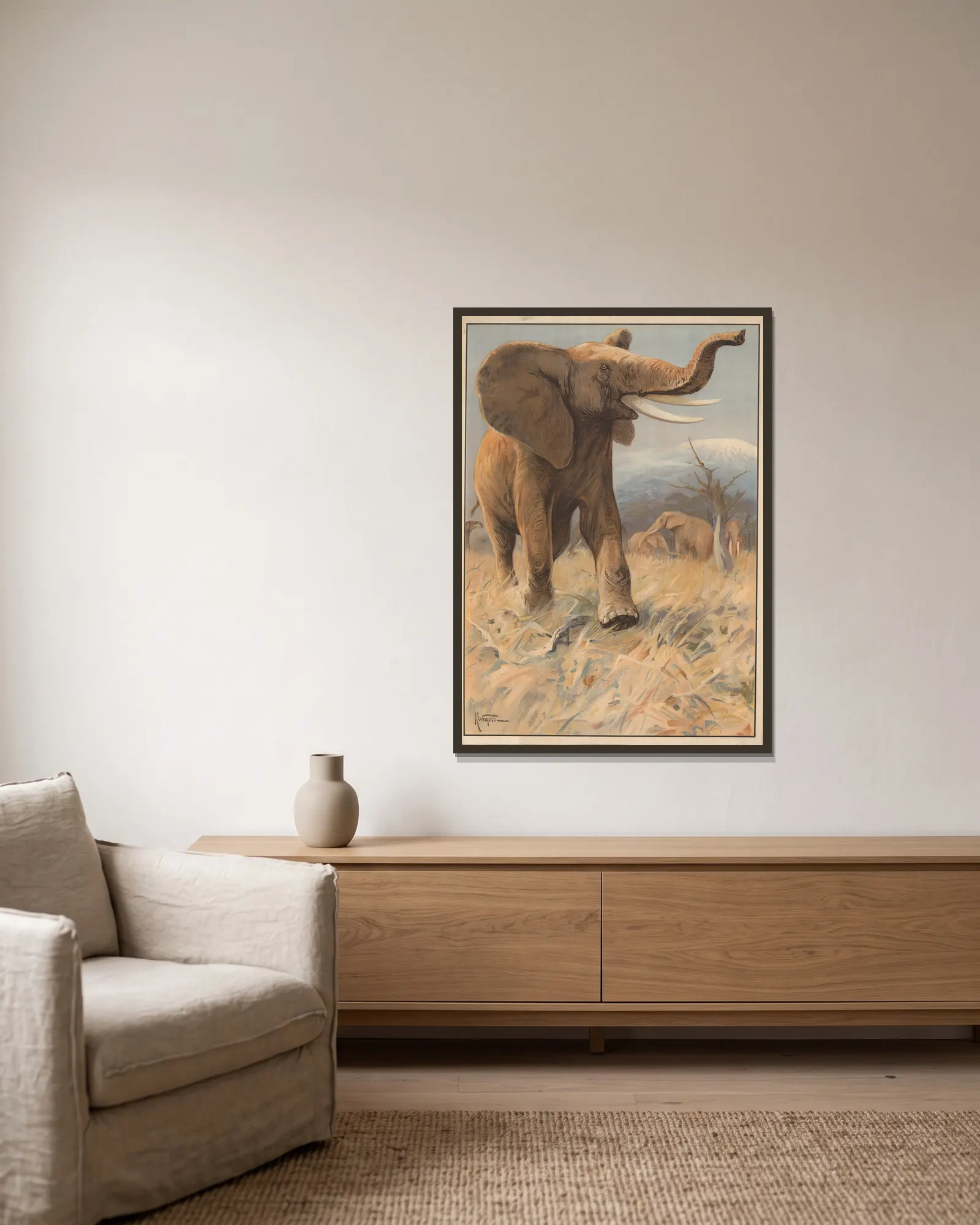 Elefant av Karl Wagner inramad på en vägg