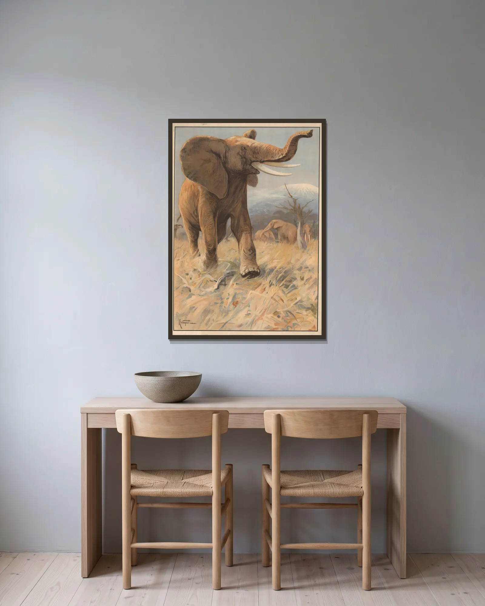 Elefant av Karl Wagner inramad på en vägg