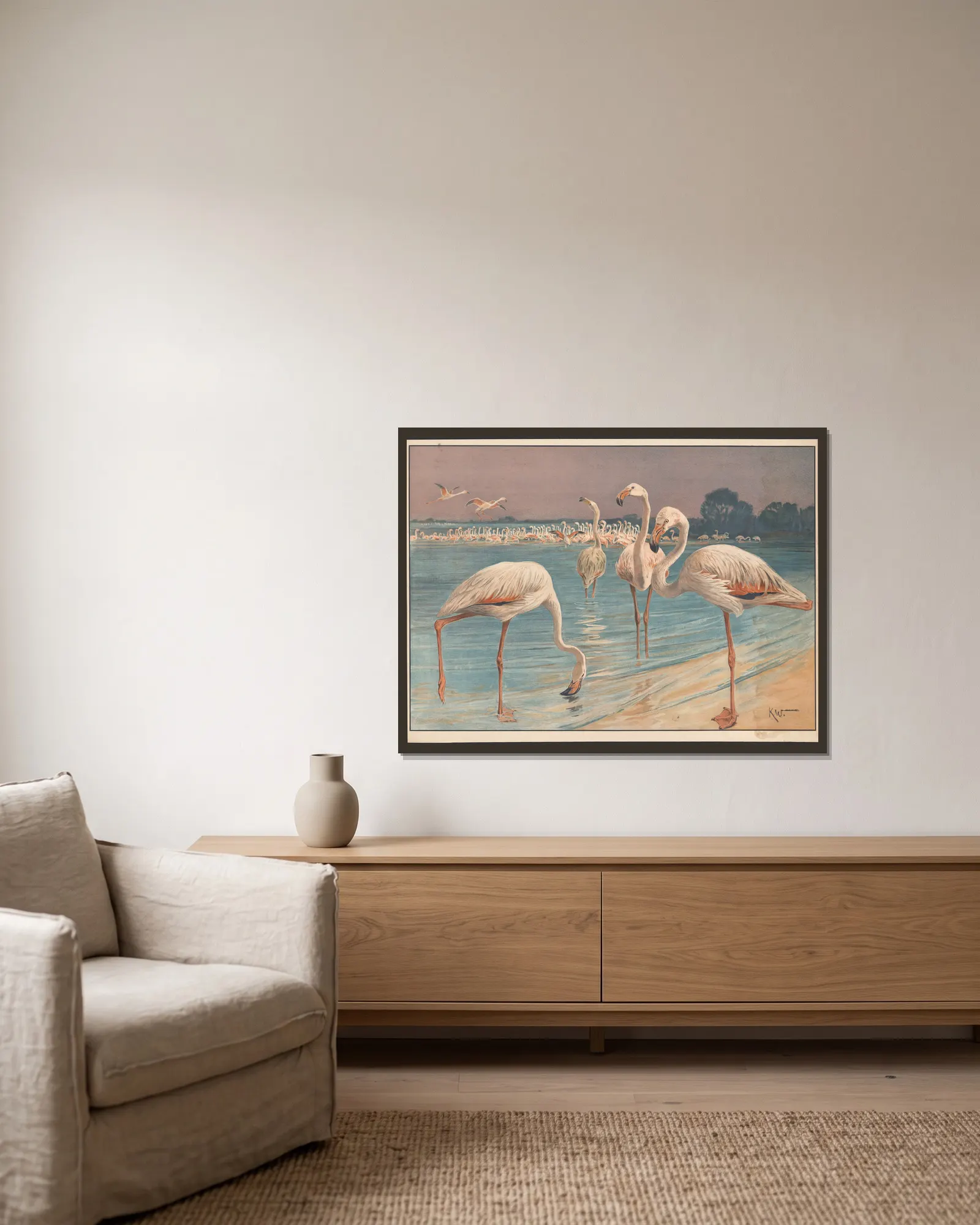Flamingo av Karl Wagner inramad på en vägg