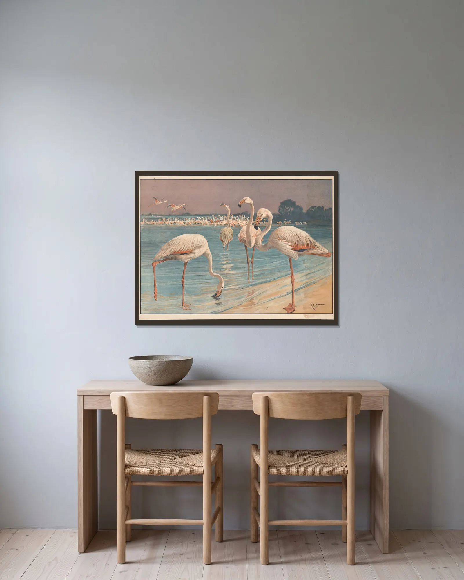 Flamingo av Karl Wagner inramad på en vägg