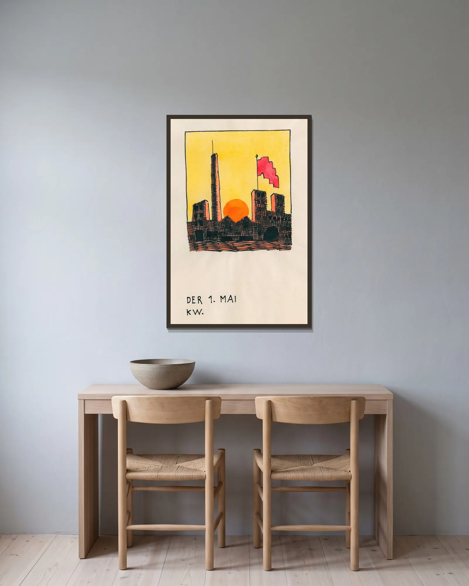 Der 1. Mai av Karl Wiener inramad på en vägg