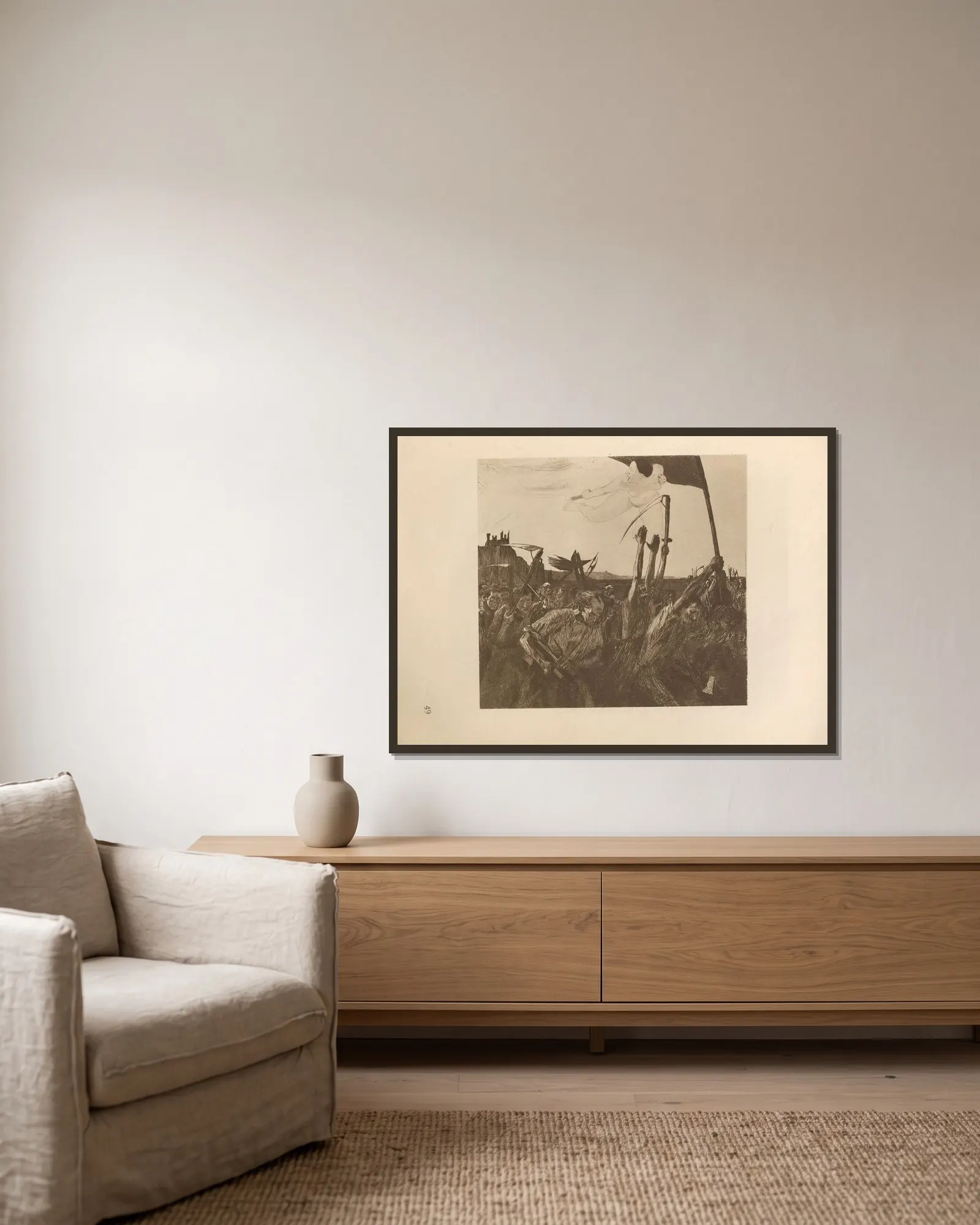 Aufruhr, 1925 av Käthe Kollwitz inramad på en vägg