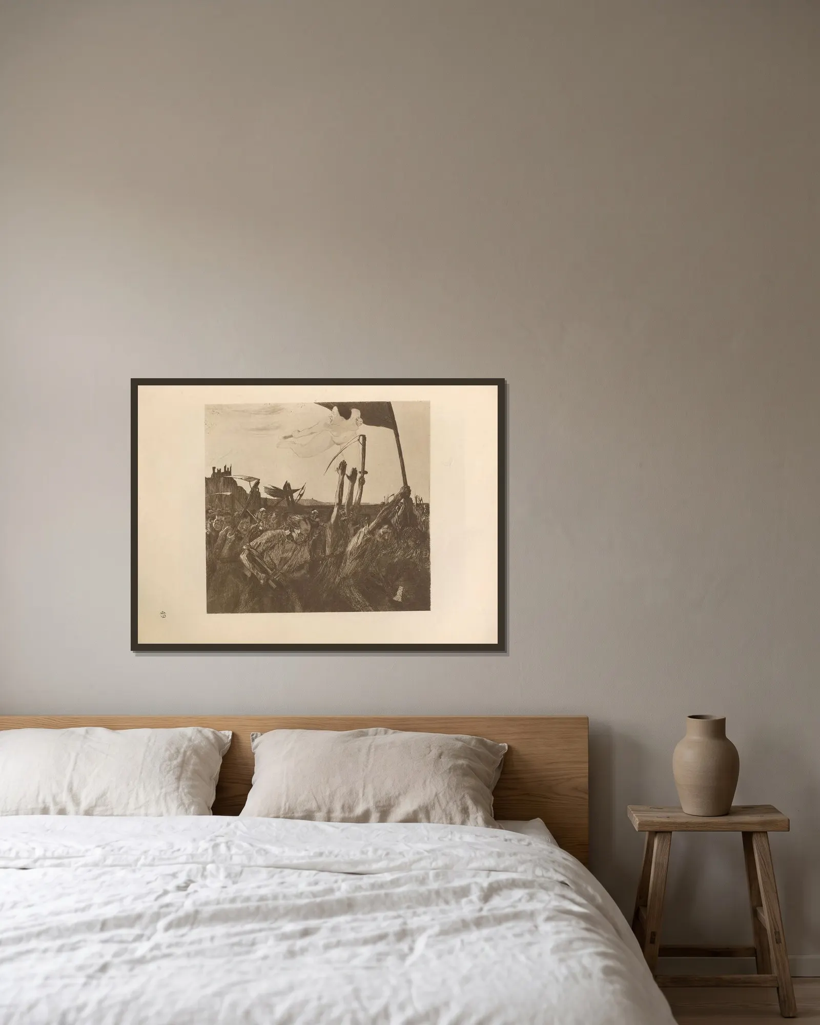 Aufruhr, 1925 av Käthe Kollwitz inramad på en vägg