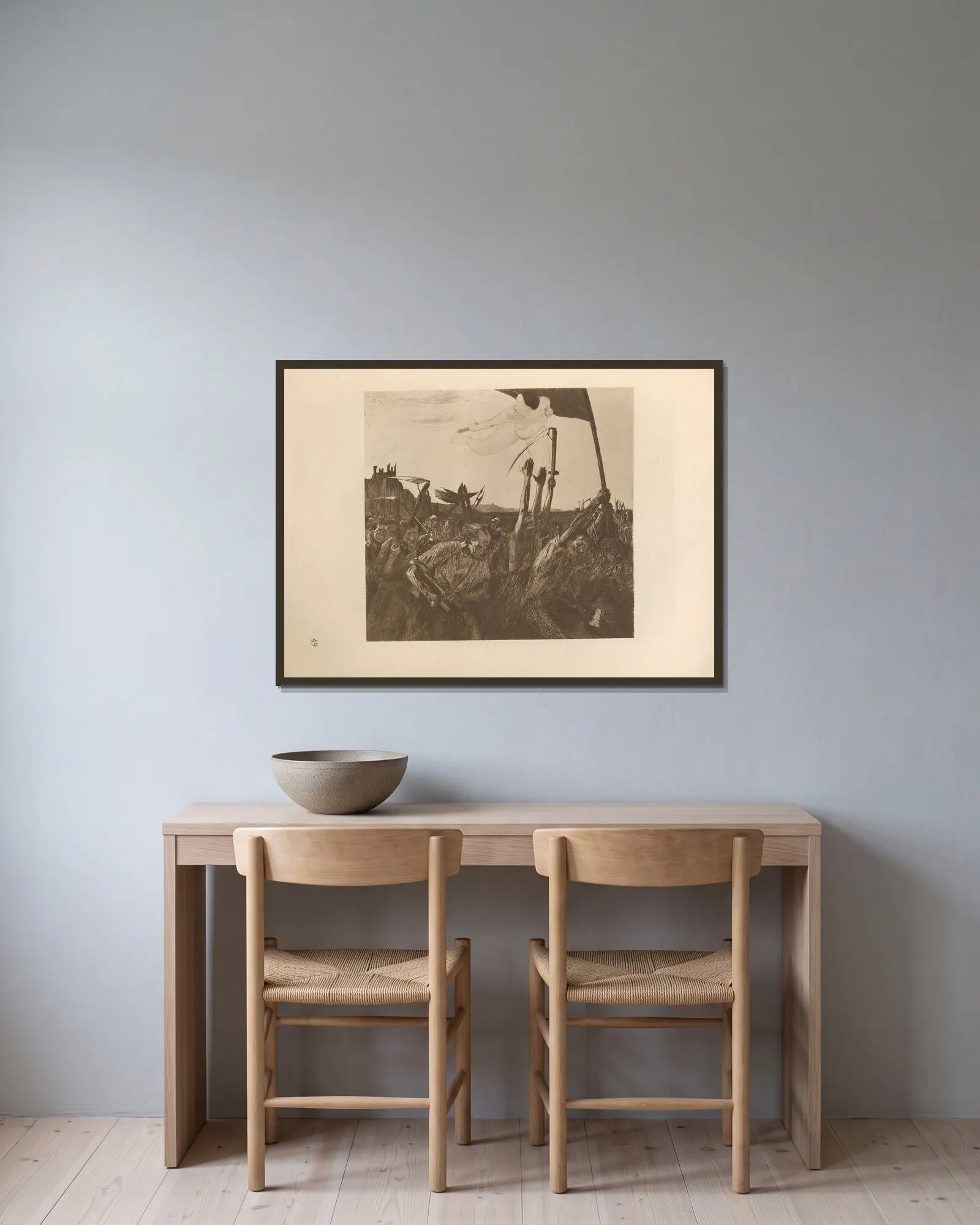 Aufruhr, 1925 av Käthe Kollwitz inramad på en vägg