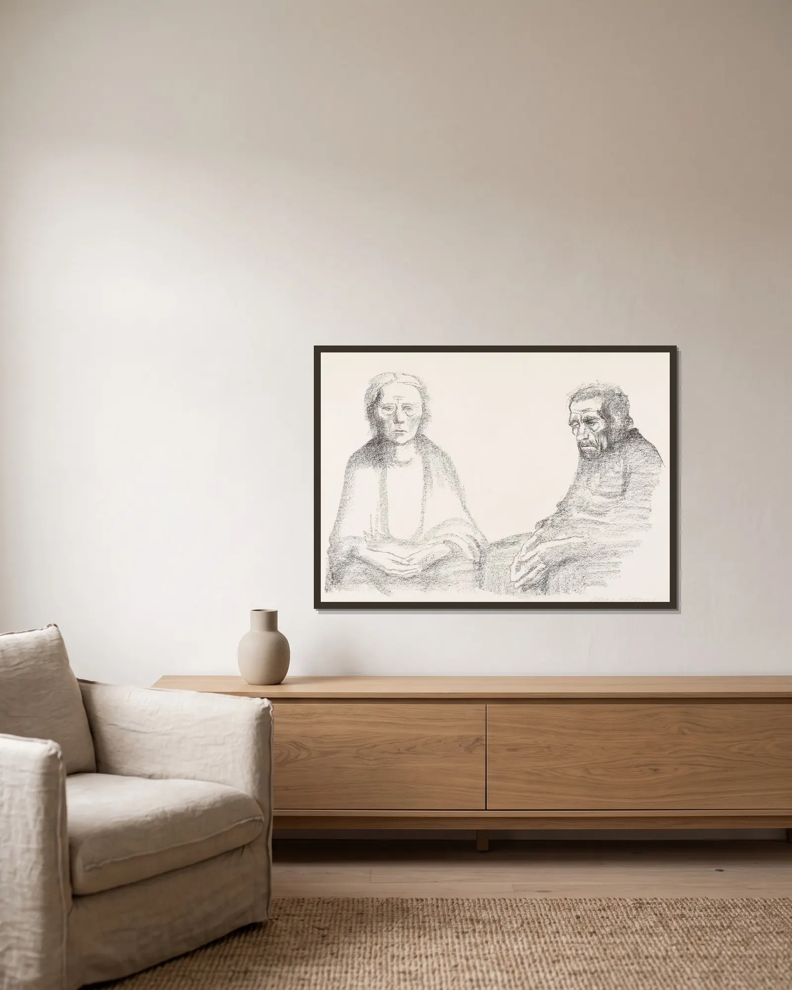 Die Eltern av Käthe Kollwitz inramad på en vägg