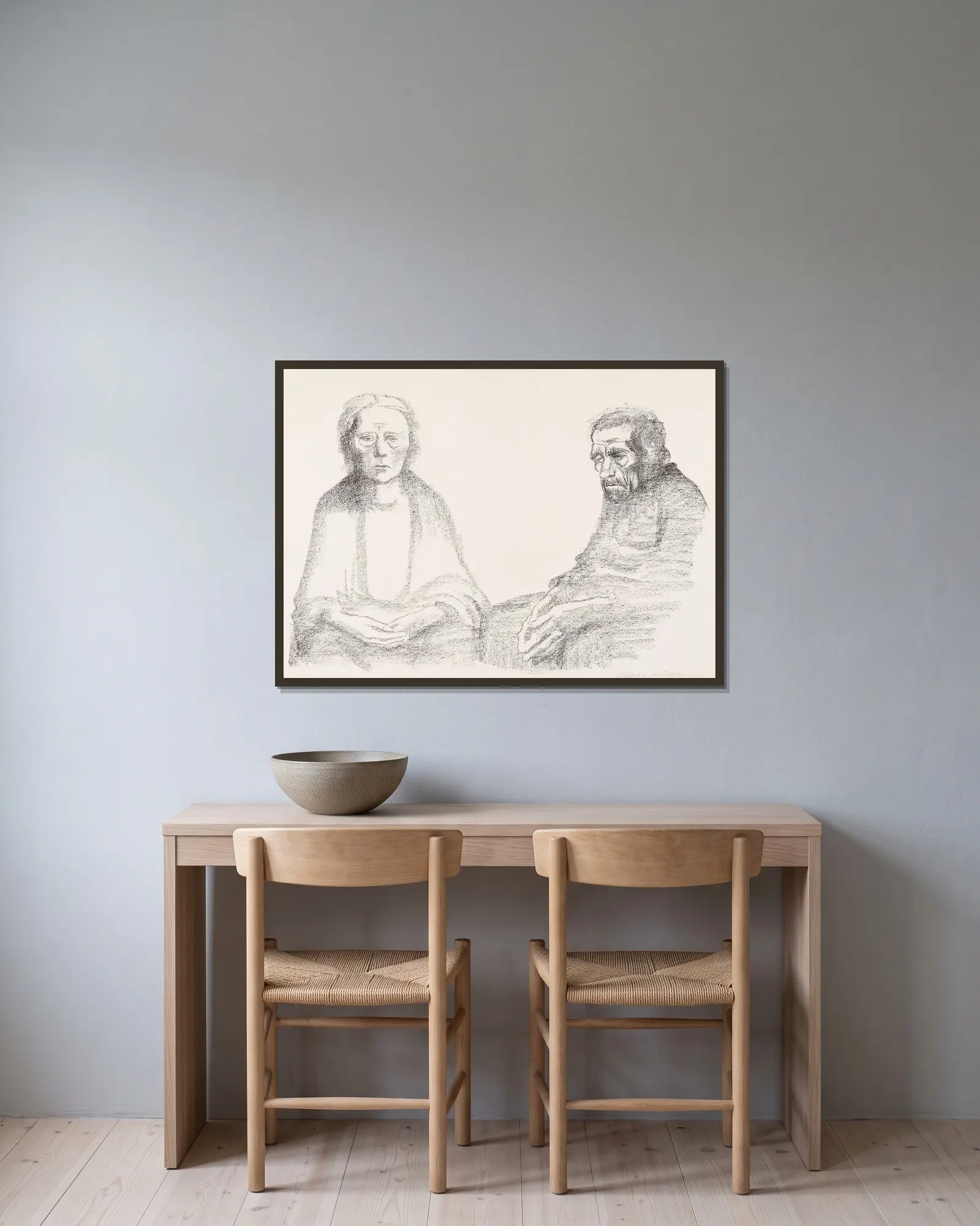 Die Eltern av Käthe Kollwitz inramad på en vägg