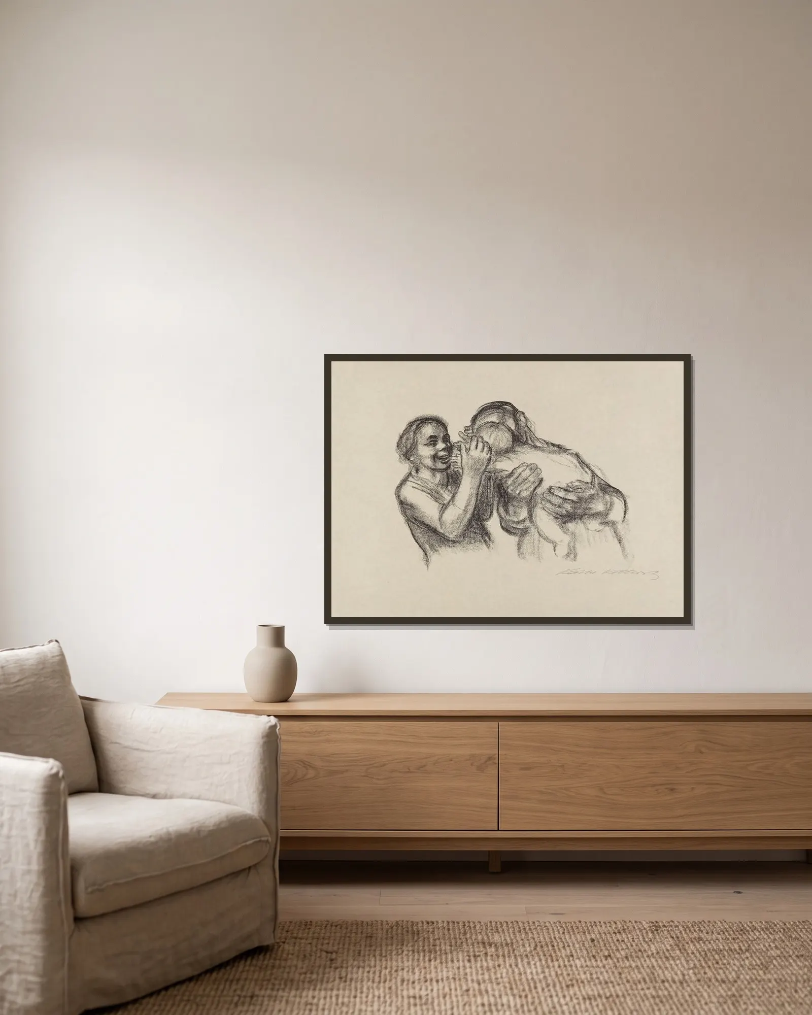 Eltern mit Kind av Käthe Kollwitz inramad på en vägg