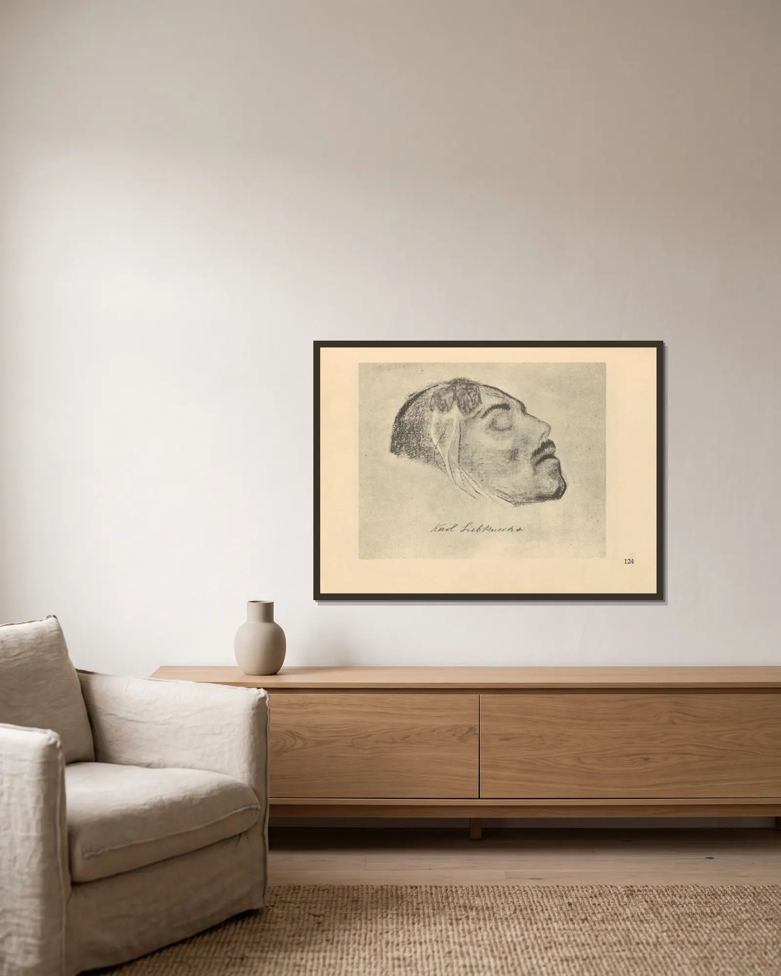 Liebknecht, 1925 – nr 1 av Käthe Kollwitz inramad på en vägg