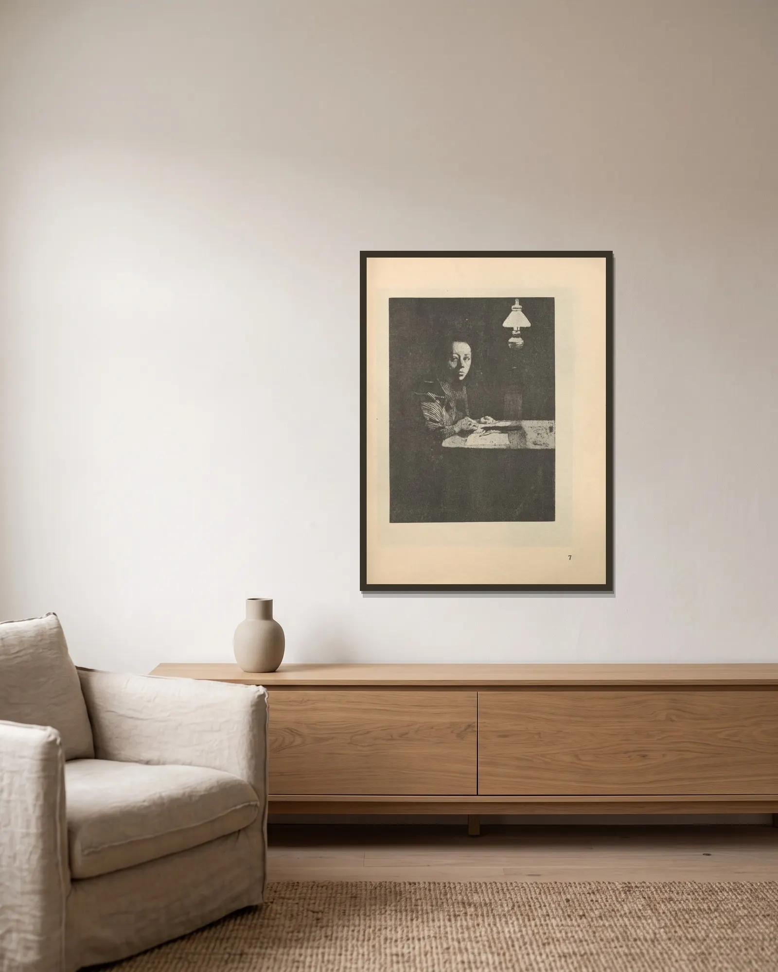 Selbstbildnis, 1925 – nr 12 av Käthe Kollwitz inramad på en vägg