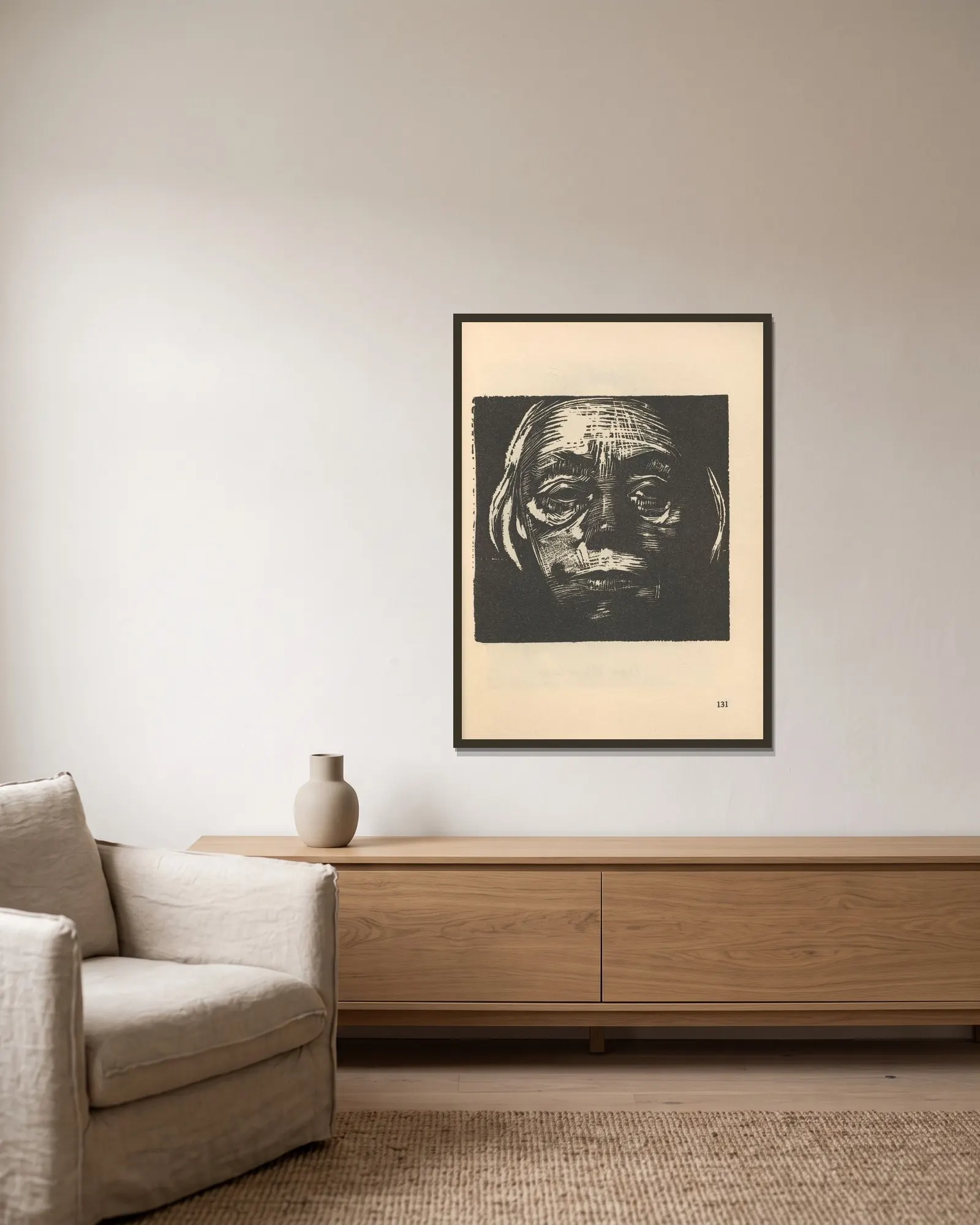 Selbstbildnis, 1925 – nr 13 av Käthe Kollwitz inramad på en vägg