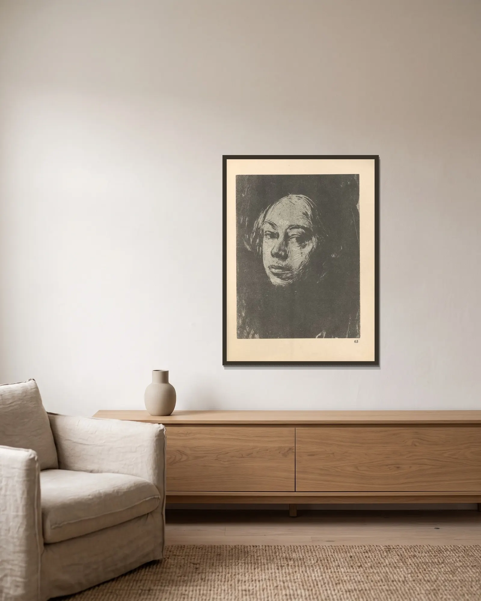 Selbstbildnis, 1925 – nr 3 av Käthe Kollwitz inramad på en vägg