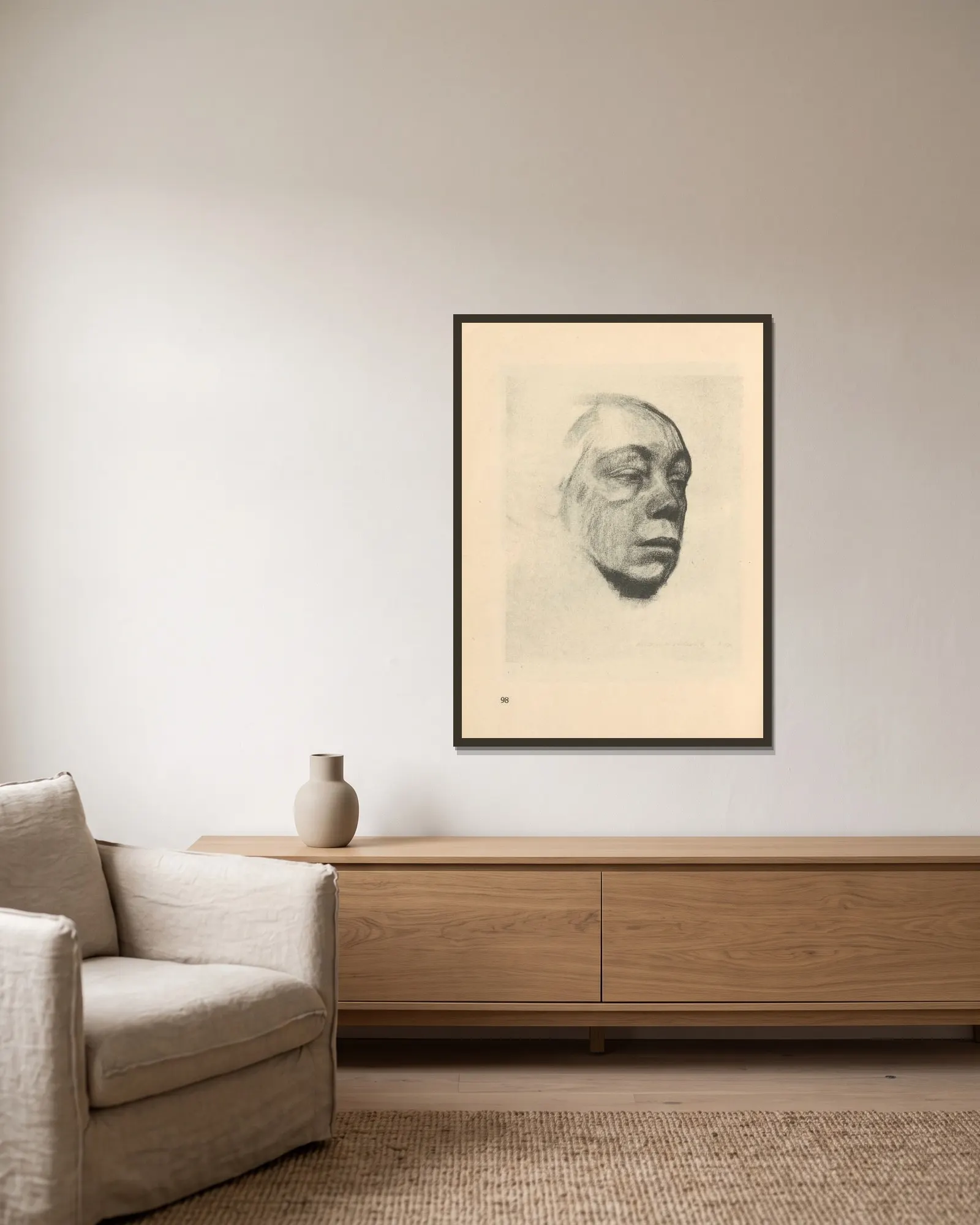 Selbstbildnis, 1925 – nr 8 av Käthe Kollwitz inramad på en vägg