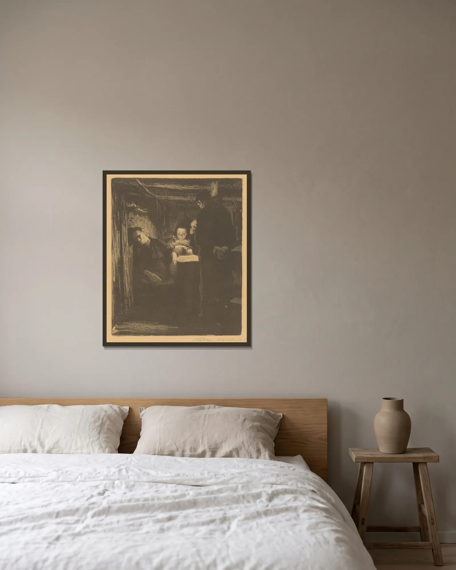 Smrť av Käthe Kollwitz inramad på en vägg