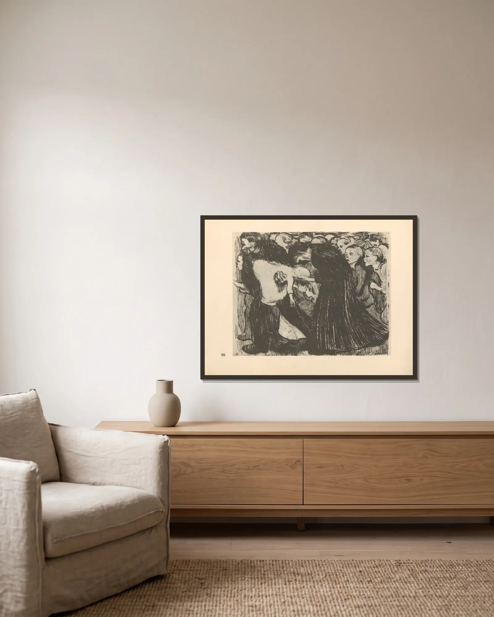 Überfahren, 1925 av Käthe Kollwitz inramad på en vägg