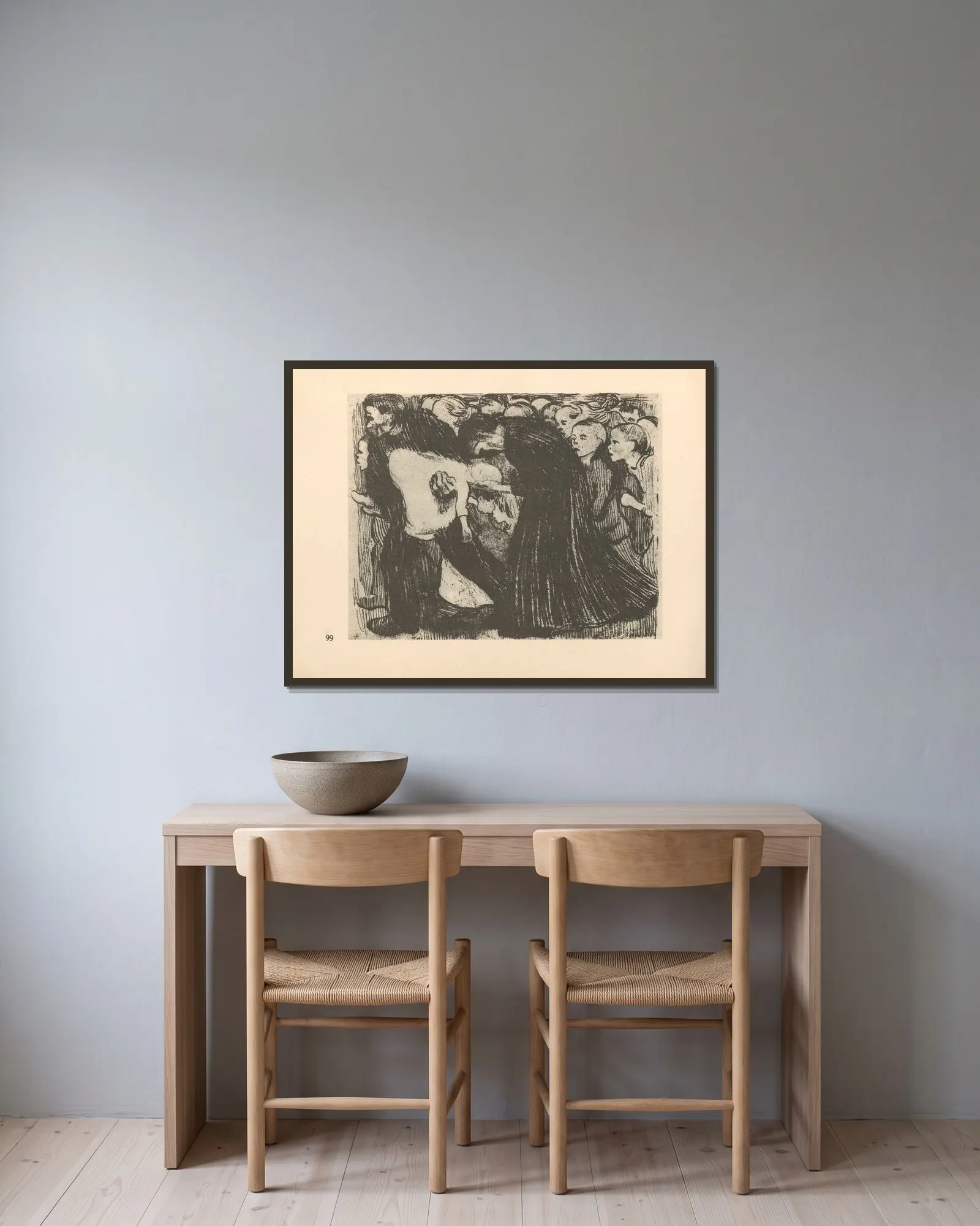 Überfahren, 1925 av Käthe Kollwitz inramad på en vägg
