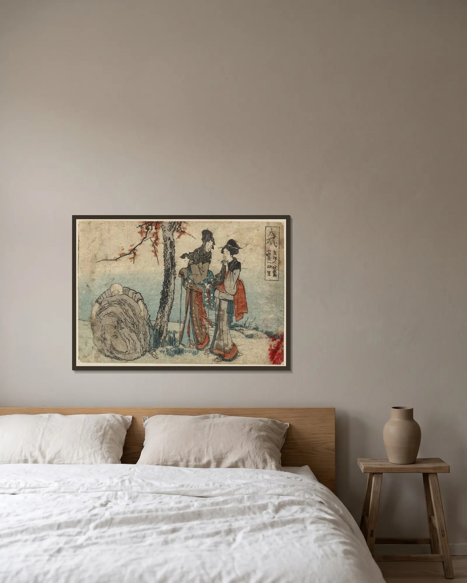 Ōiso av Katsushika Hokusai inramad på en vägg