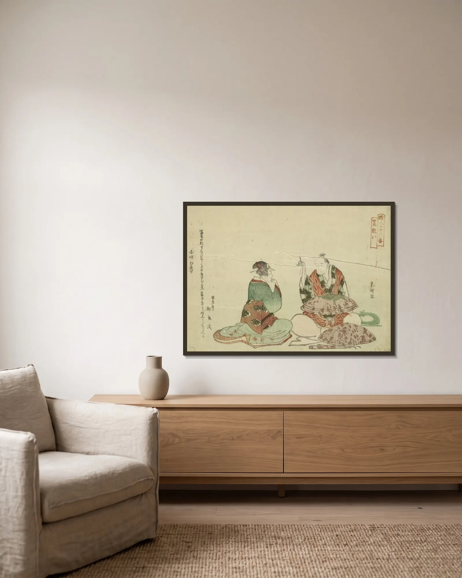 Kasanui av Katsushika Hokusai inramad på en vägg