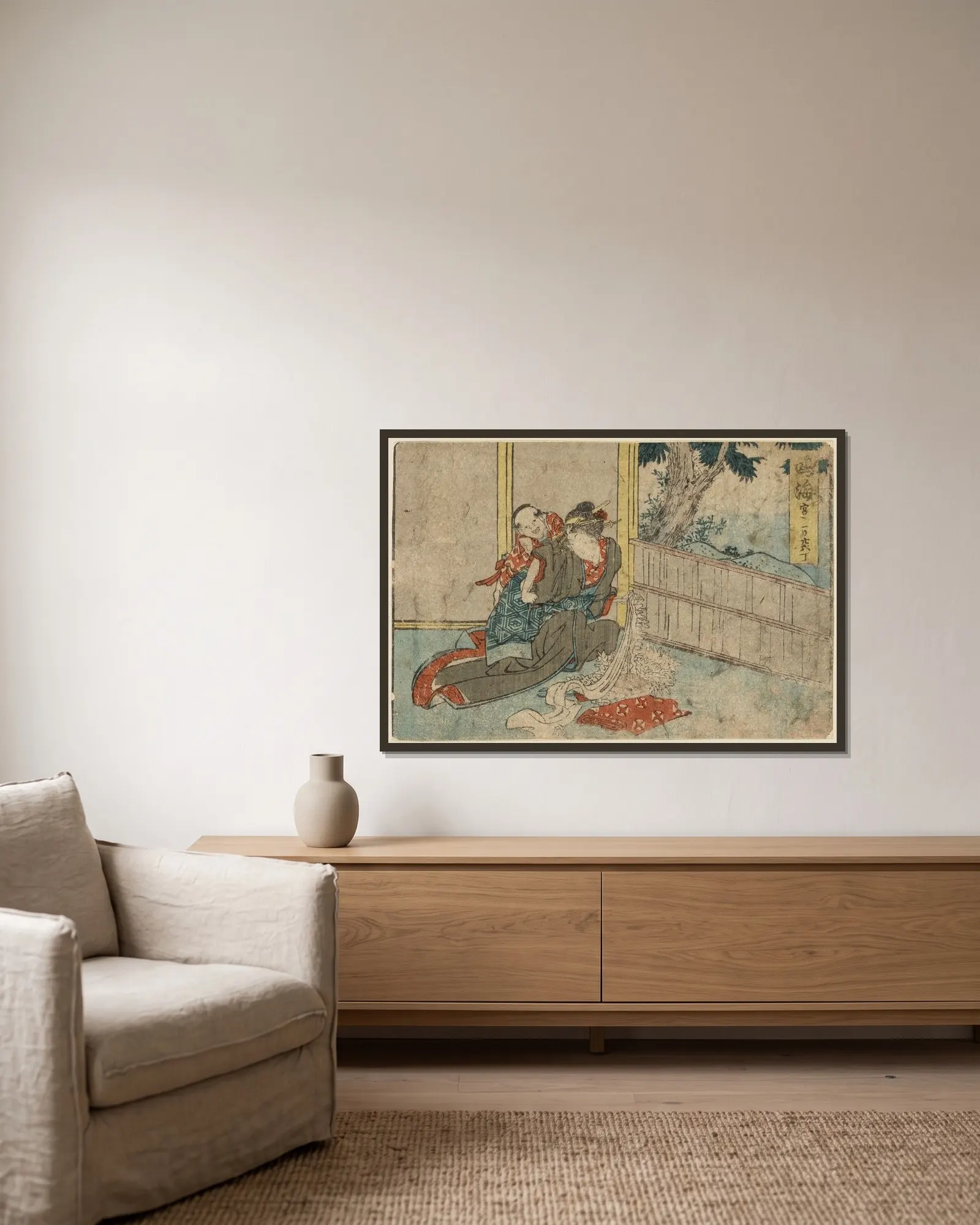 Narumi av Katsushika Hokusai inramad på en vägg