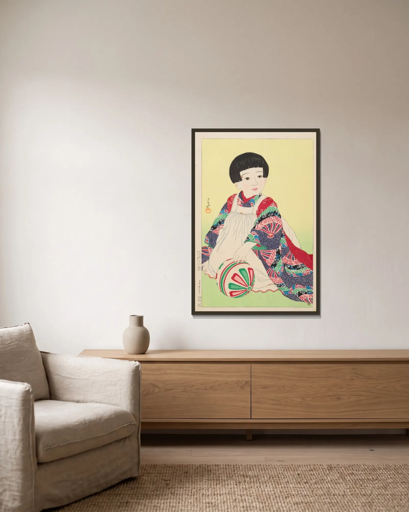 Temari (A hand ball, portrait of Takagi Junko) av Kawase Hasui inramad på en vägg