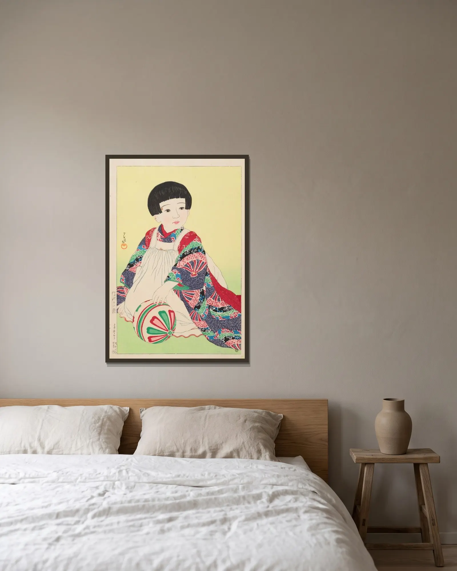 Temari (A hand ball, portrait of Takagi Junko) av Kawase Hasui inramad på en vägg