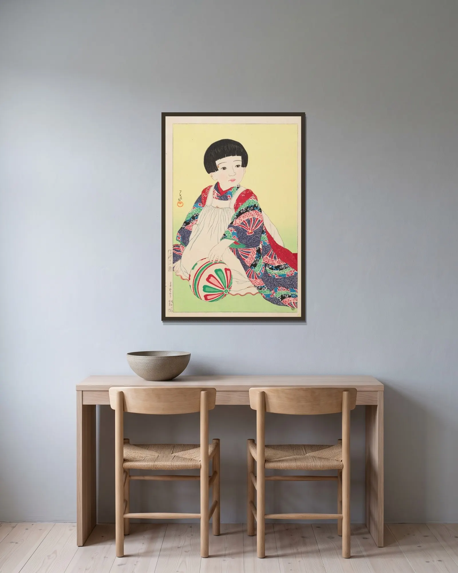 Temari (A hand ball, portrait of Takagi Junko) av Kawase Hasui inramad på en vägg