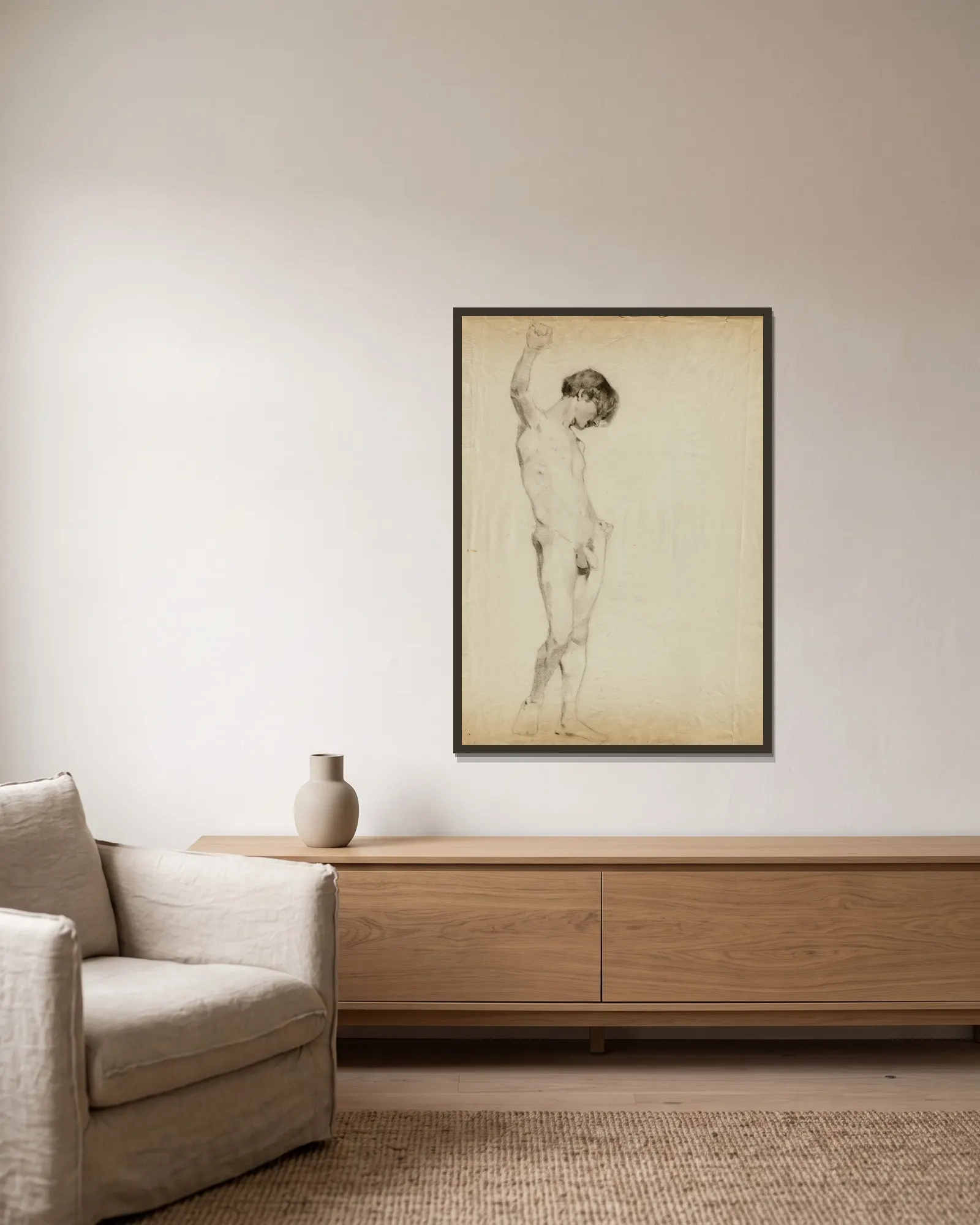 (Untitled) (Study of Standing Male Nude) av Kenyon Cox inramad på en vägg