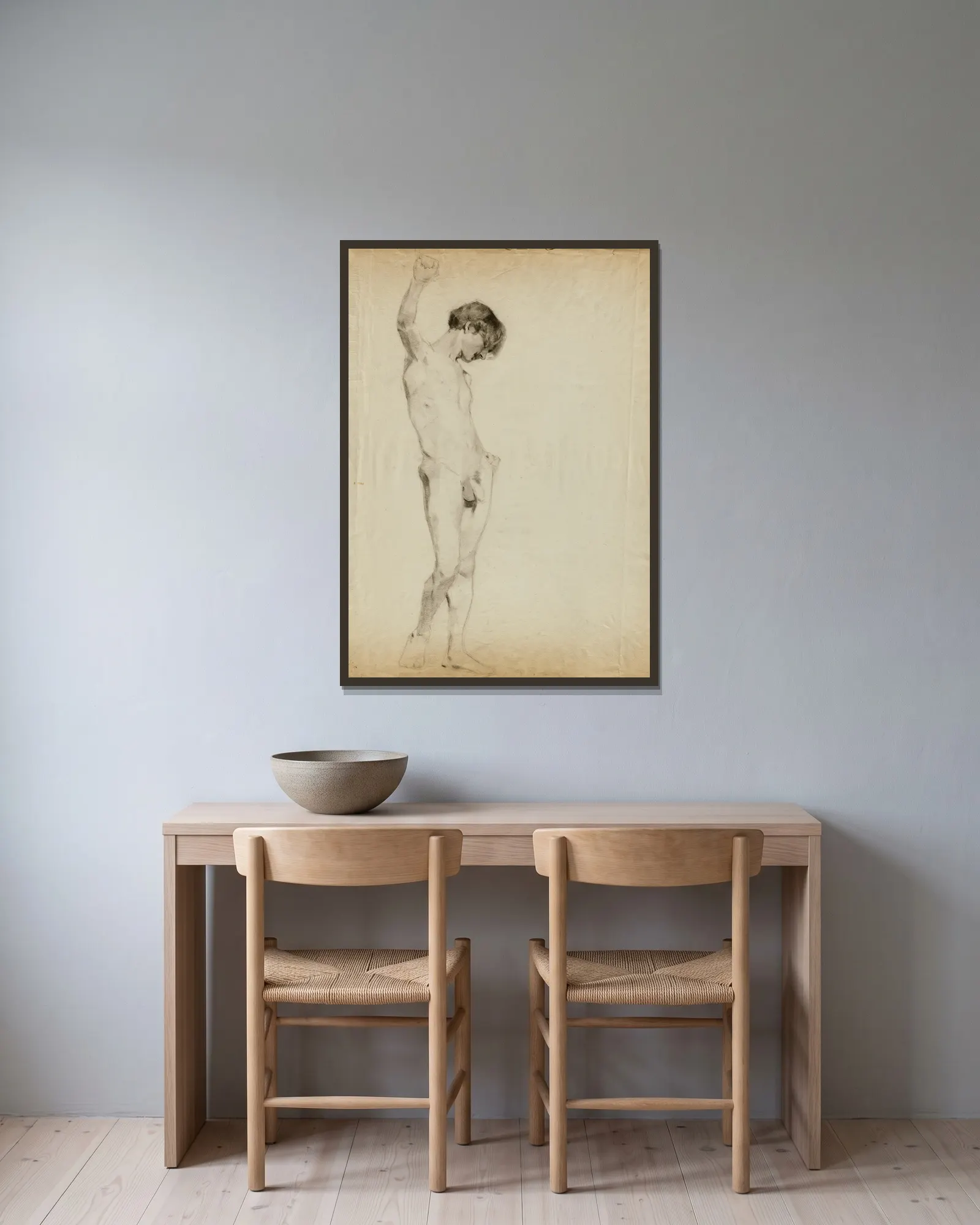 (Untitled) (Study of Standing Male Nude) av Kenyon Cox inramad på en vägg