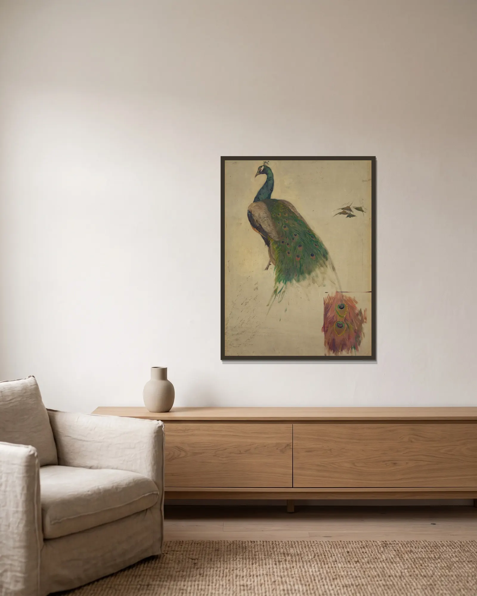 The sciences, study for peacock in tympanum av Kenyon Cox inramad på en vägg