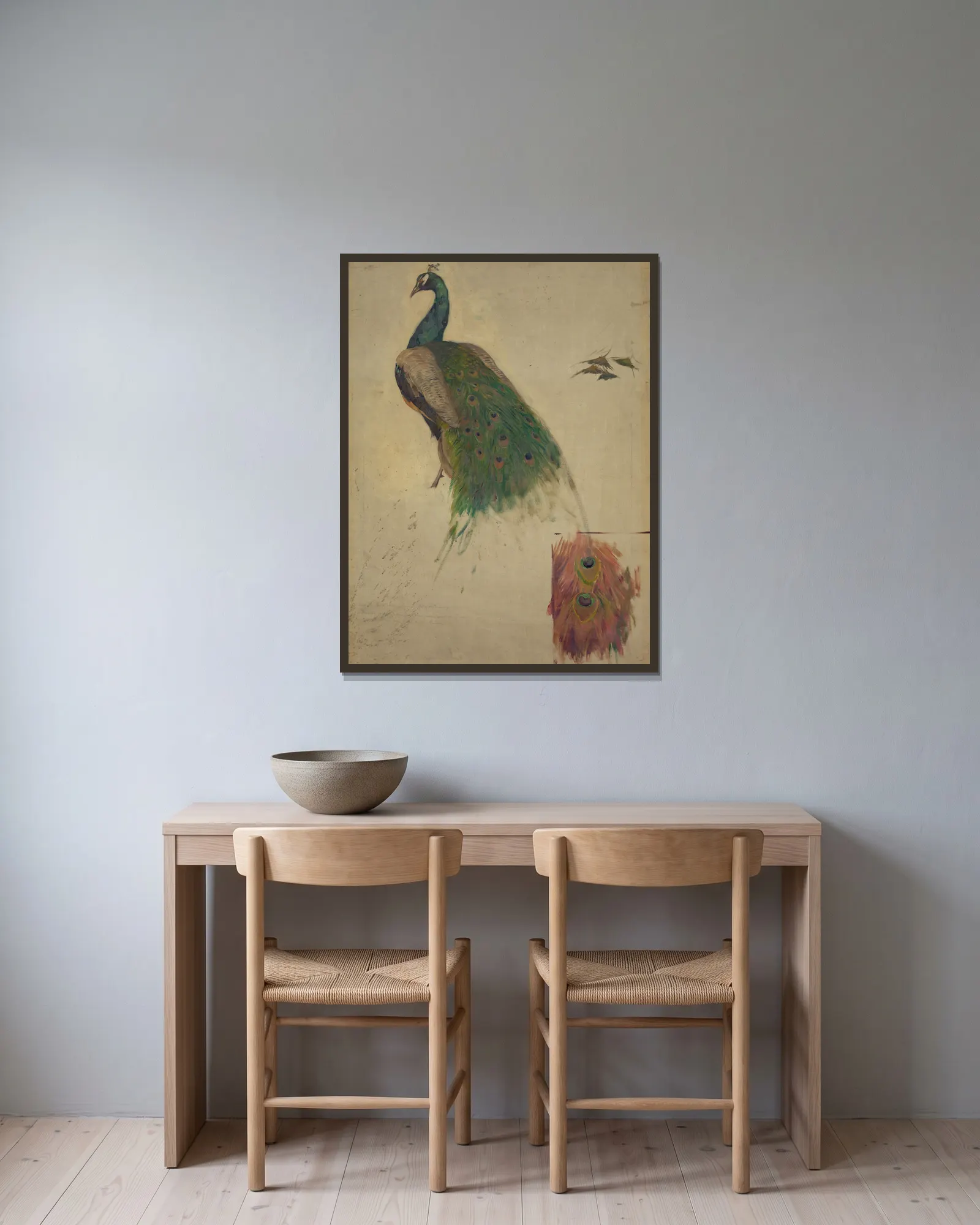 The sciences, study for peacock in tympanum av Kenyon Cox inramad på en vägg