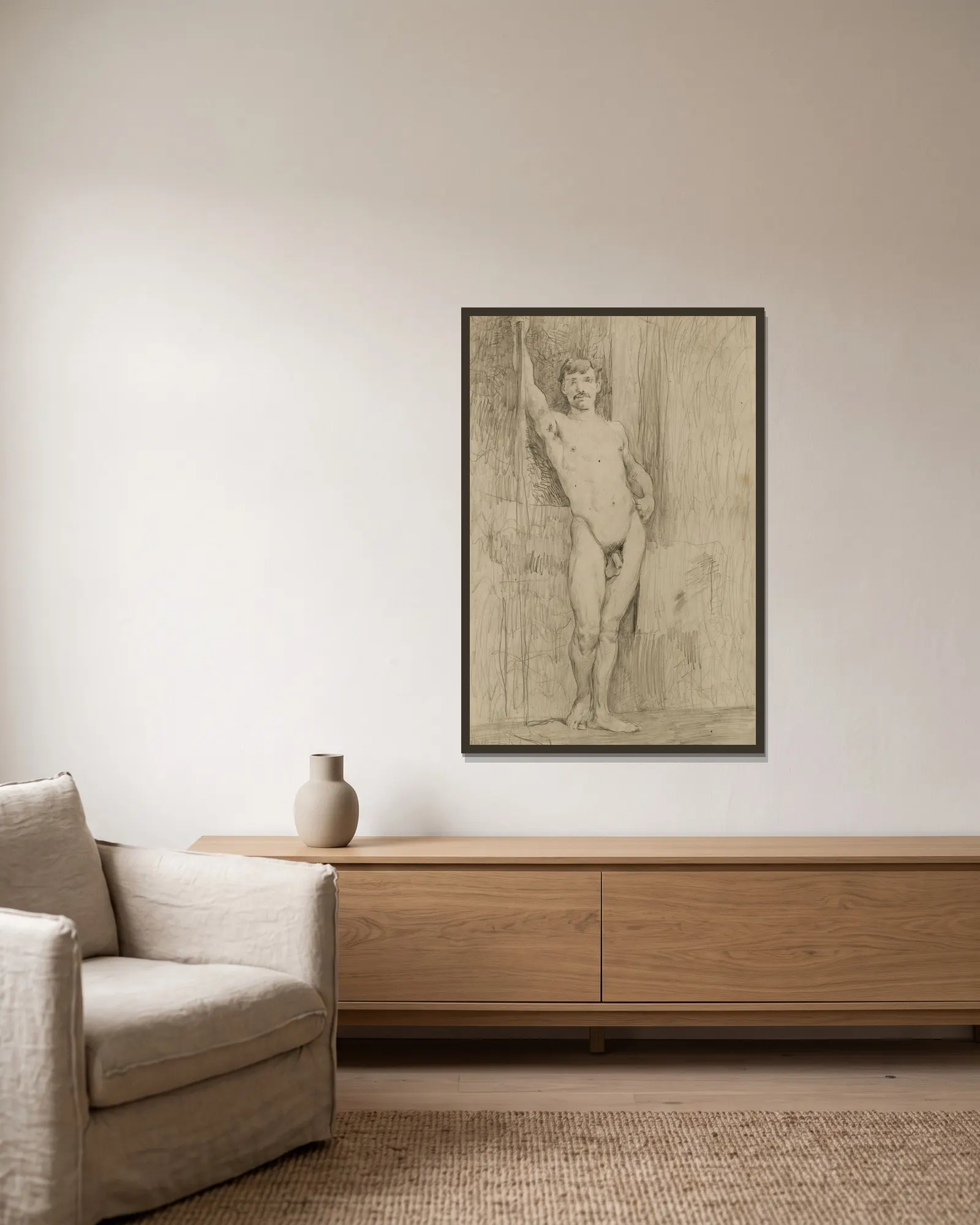 Untitled (Study of Standing Male Nude) av Kenyon Cox inramad på en vägg