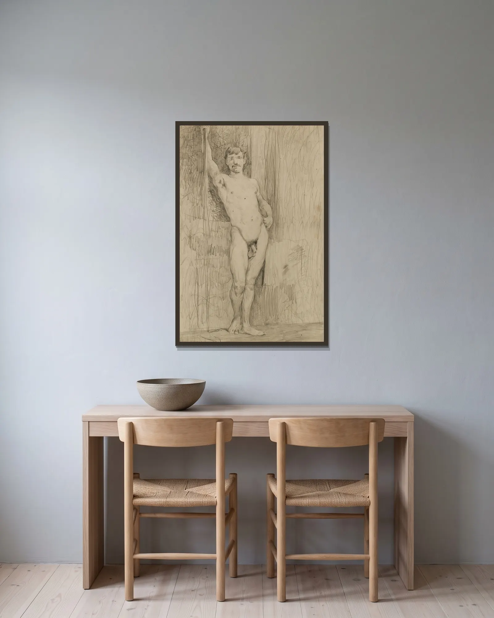 Untitled (Study of Standing Male Nude) av Kenyon Cox inramad på en vägg