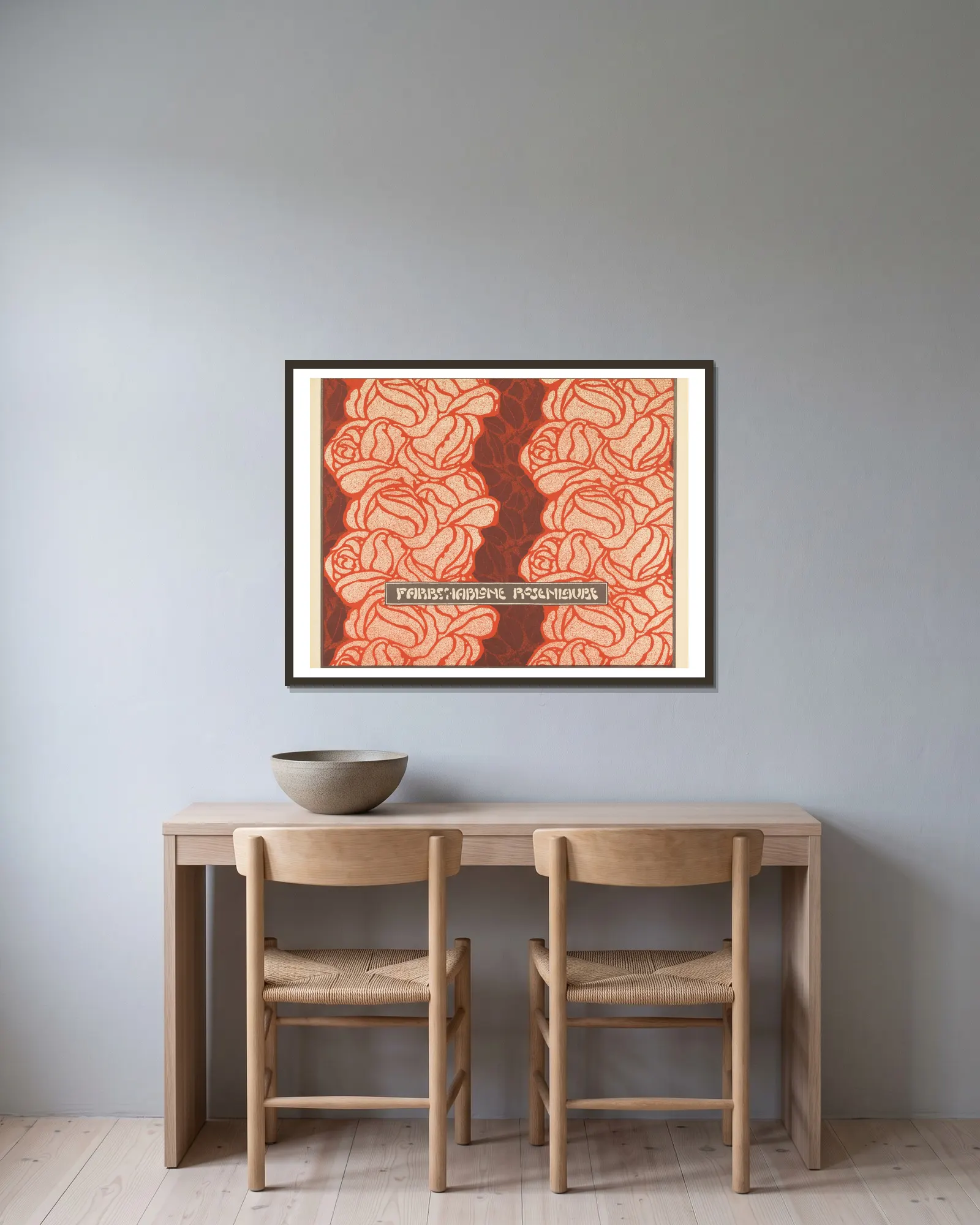 Farbschablone Rosenlaube (Rose Bower Color Stencil) av Koloman Moser inramad på en vägg