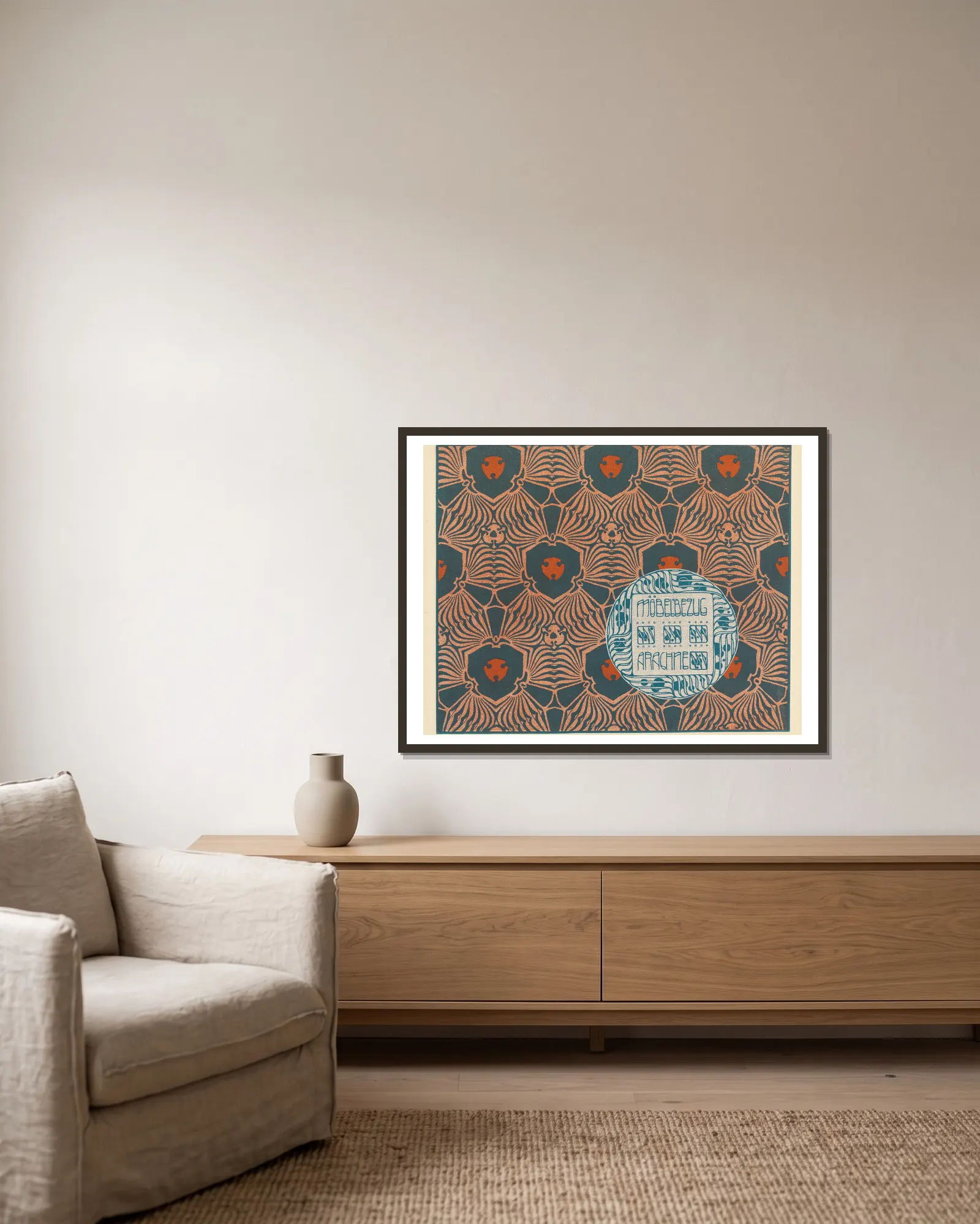 Mobelbezug Arachne (Arachne Upholstery Fabric) av Koloman Moser inramad på en vägg