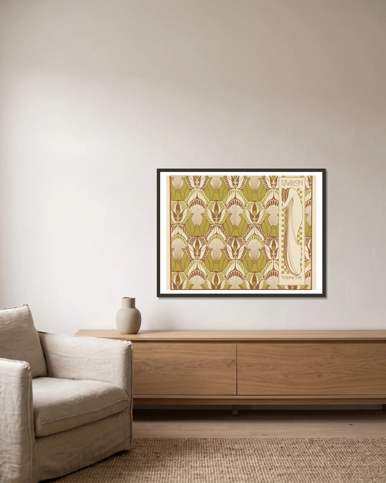 Sigalion Tapete (Sigalion Wallpaper) av Koloman Moser inramad på en vägg