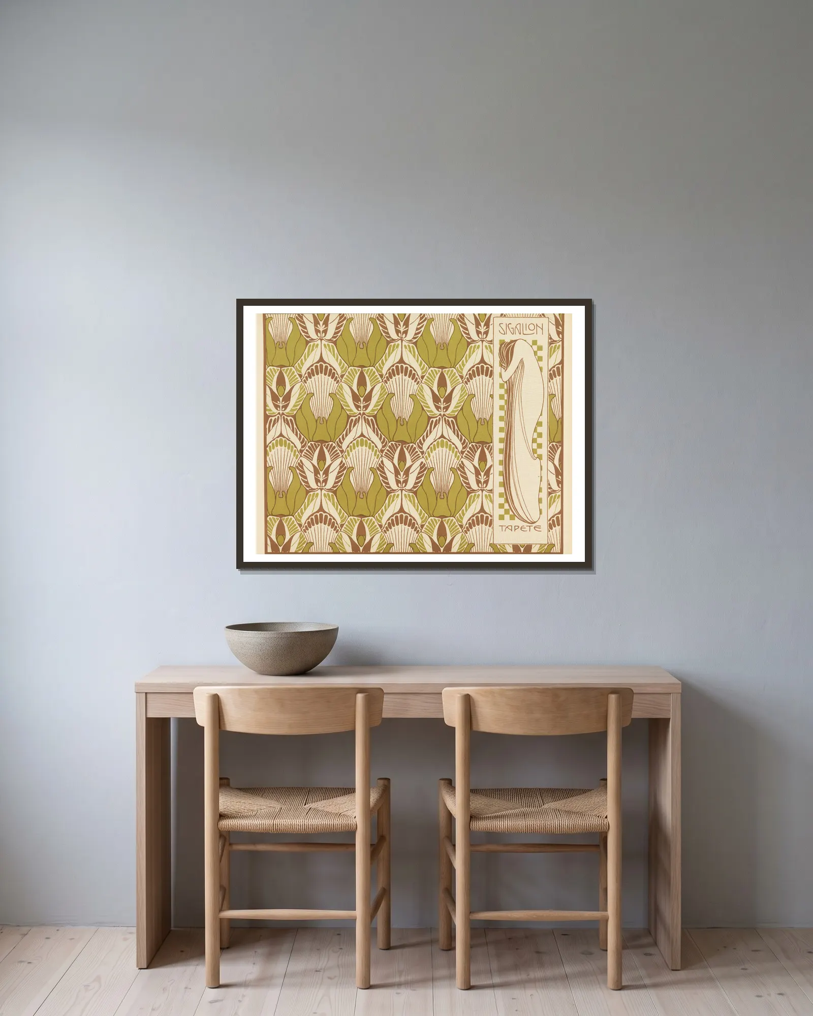 Sigalion Tapete (Sigalion Wallpaper) av Koloman Moser inramad på en vägg