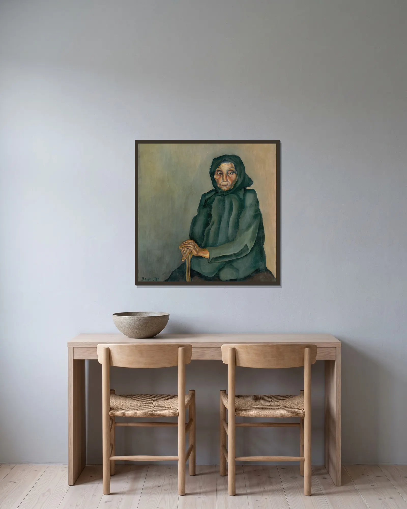 Old Age av Konštantín Bauer inramad på en vägg