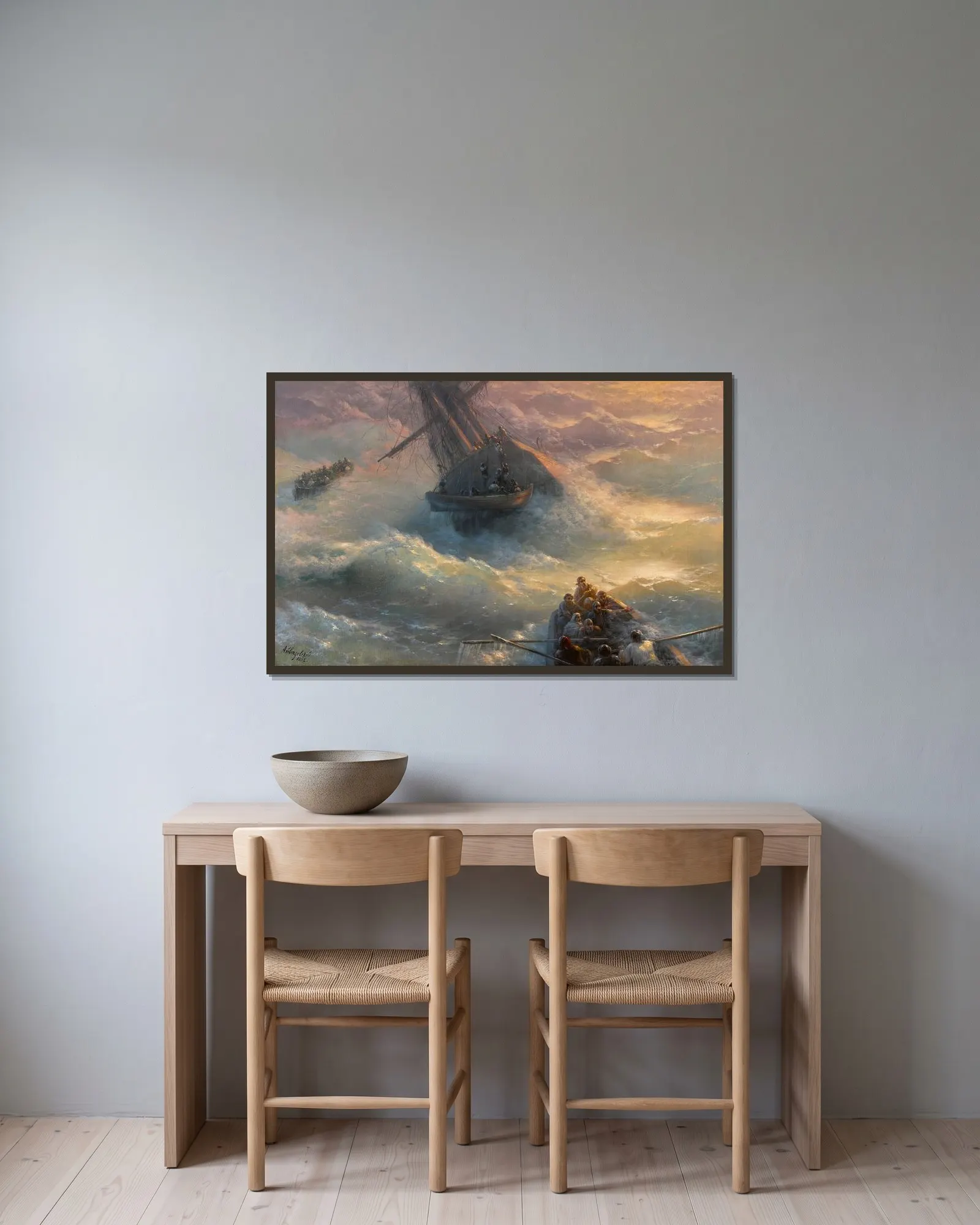Abandoning Ship av Ivan Konstantinovich Aivazovsky inramad på en vägg