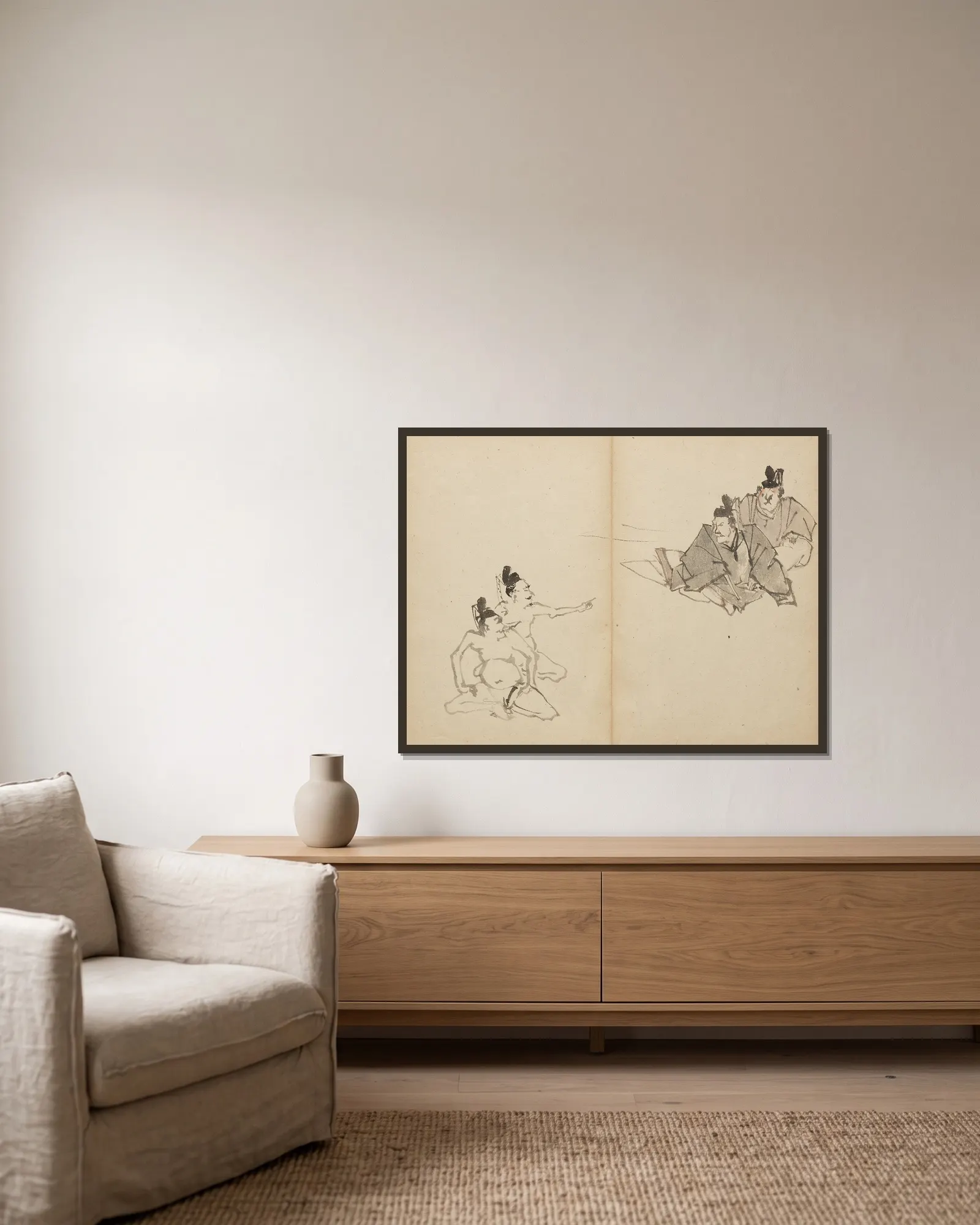 Courtiers av Kawanabe Kyōsai inramad på en vägg