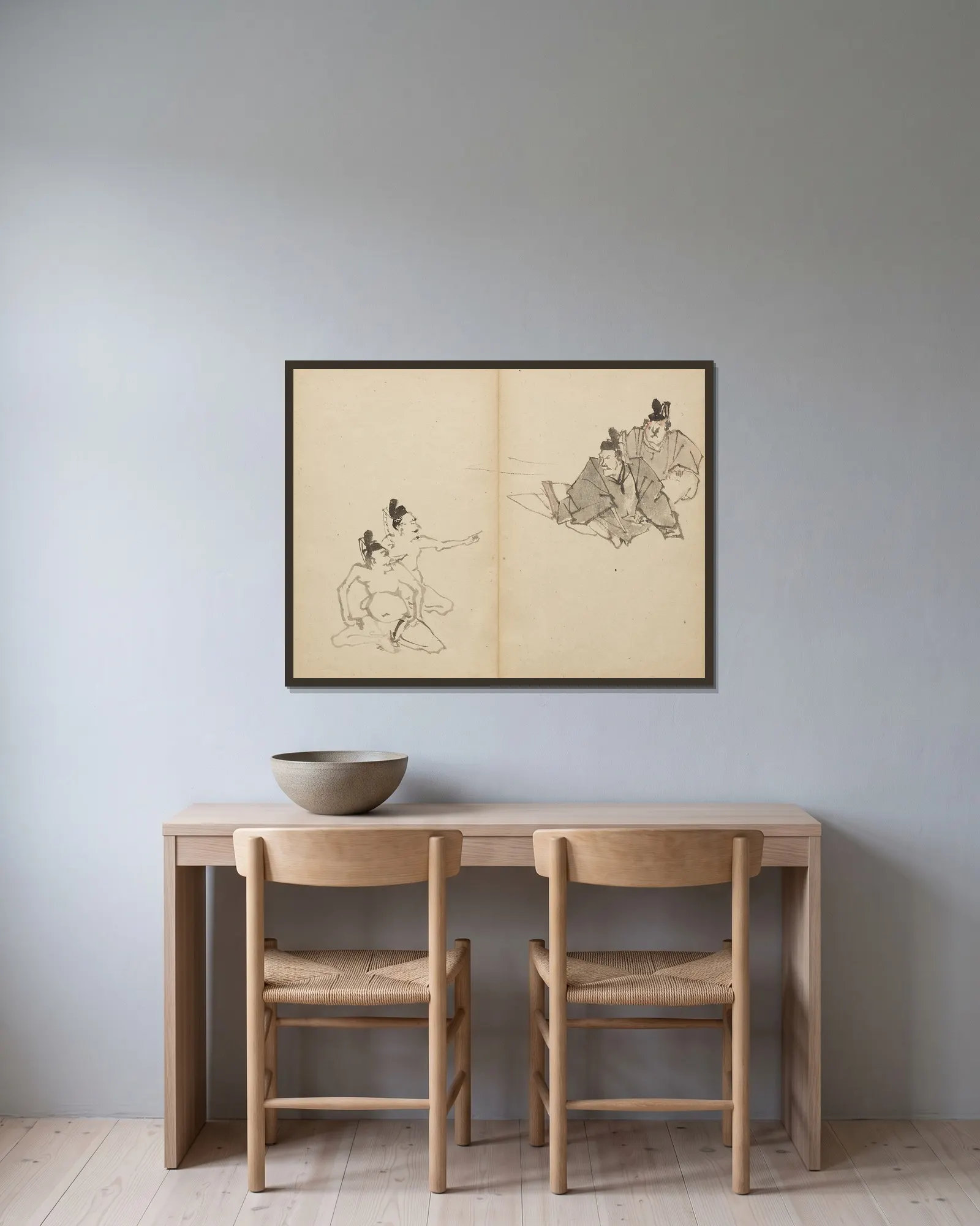 Courtiers av Kawanabe Kyōsai inramad på en vägg