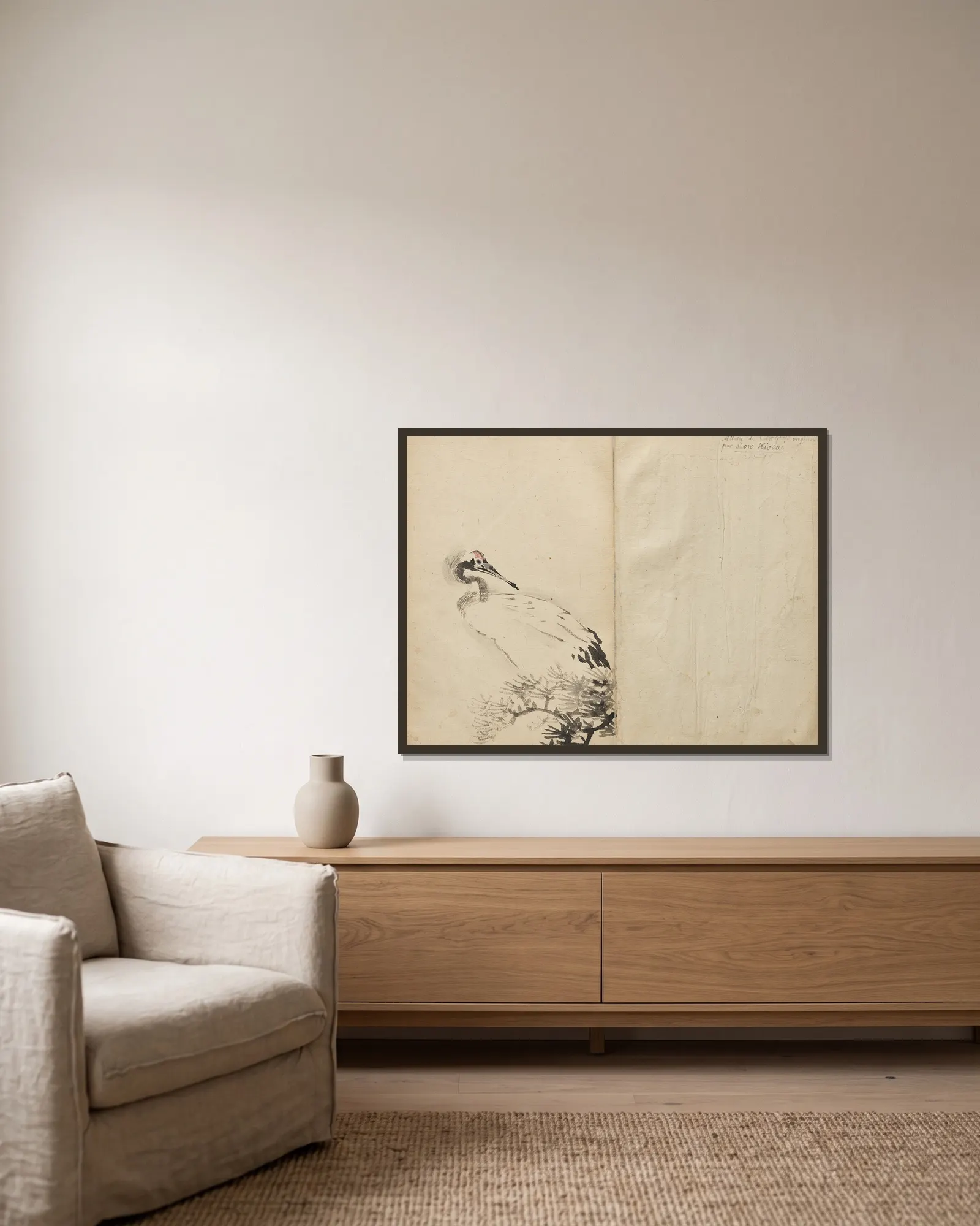 Crane av Kawanabe Kyōsai inramad på en vägg