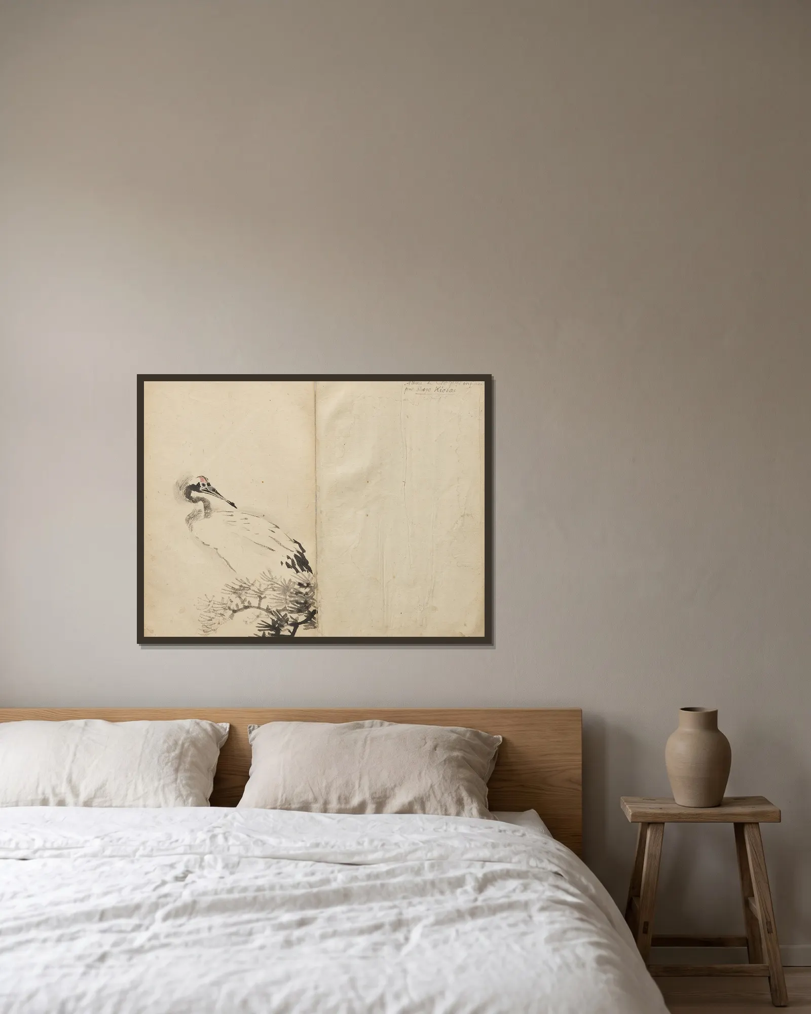 Crane av Kawanabe Kyōsai inramad på en vägg