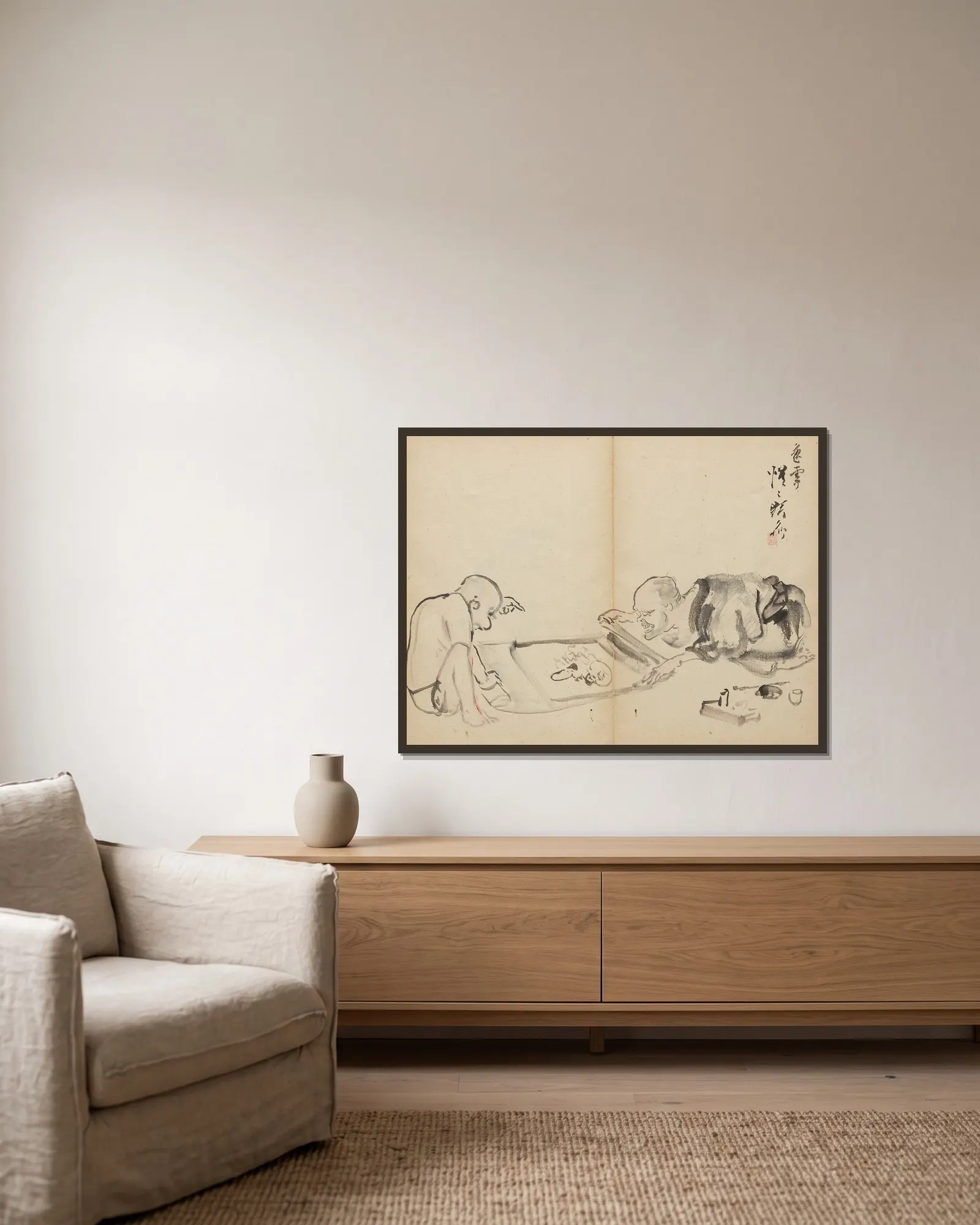 Looking at a Painting av Kawanabe Kyōsai inramad på en vägg