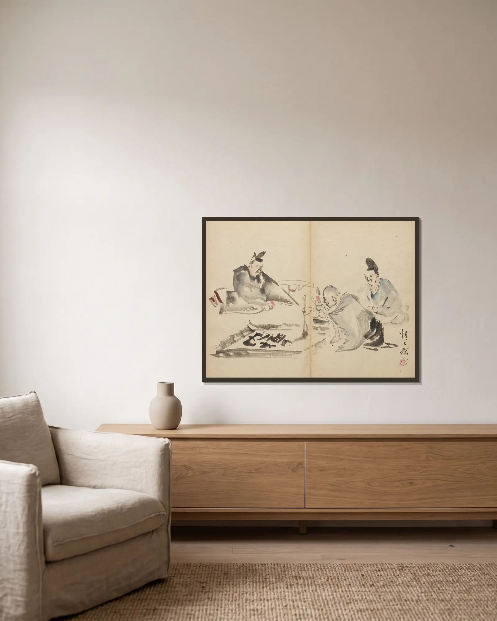 Monk at Calligraphy av Kawanabe Kyōsai inramad på en vägg