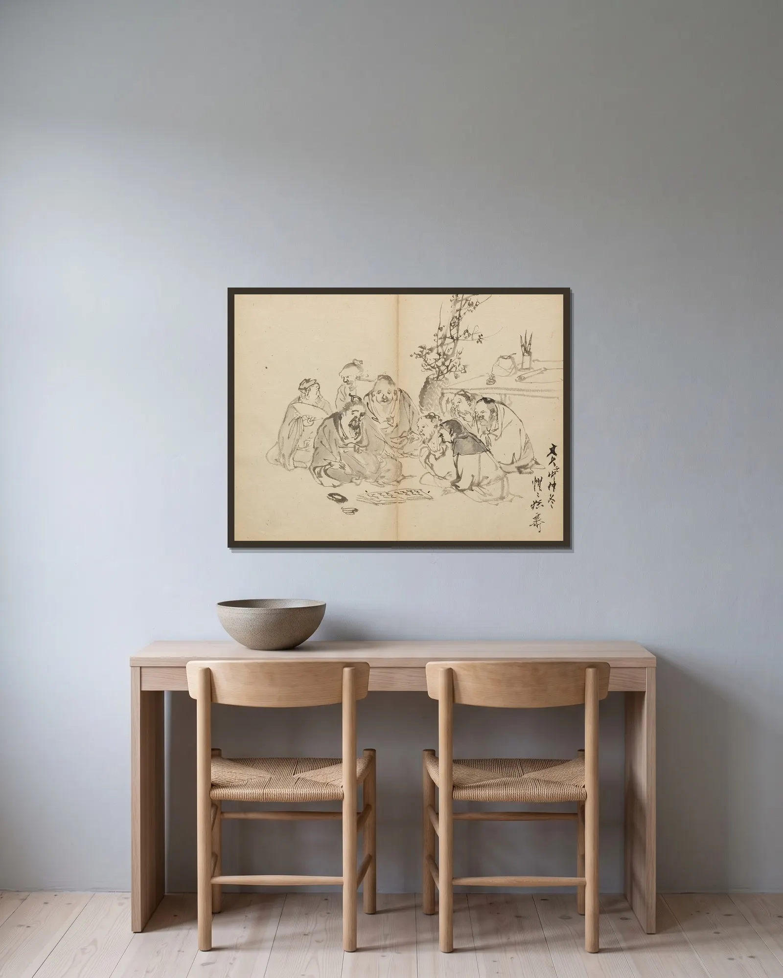 Scholars’ Gathering av Kawanabe Kyōsai inramad på en vägg